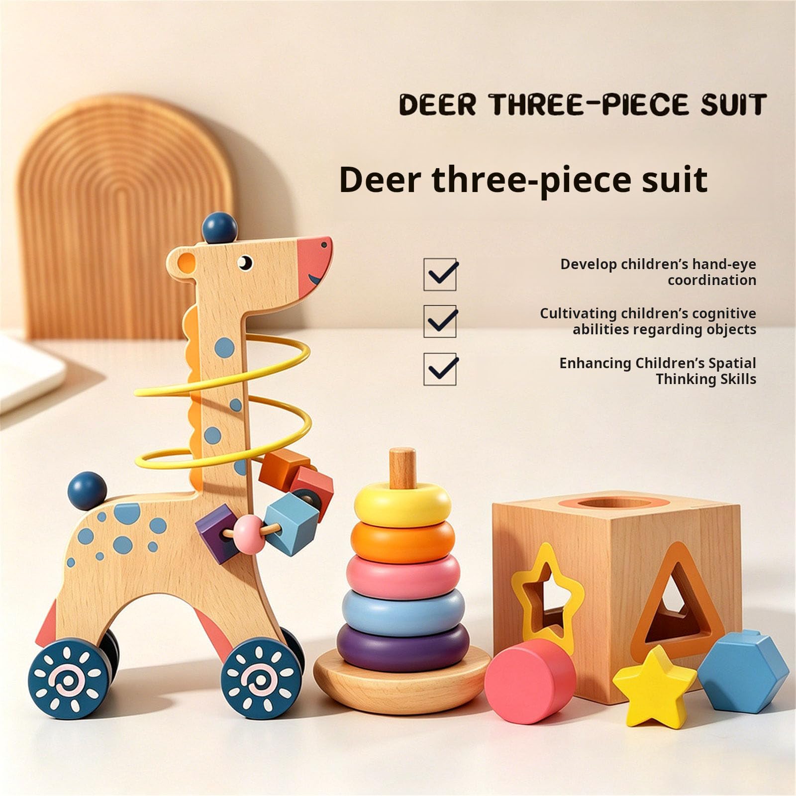 Interaktives Holzpuzzle für Kinder, Formensortieren, Bunte Perlen und Formenerkennungsaktivitäten, Reisepuppen für Kleinkinder