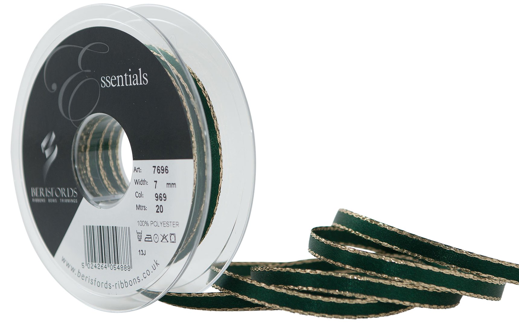 Berisfords 7 mm Gold Edge Satin Ribbon, Forest