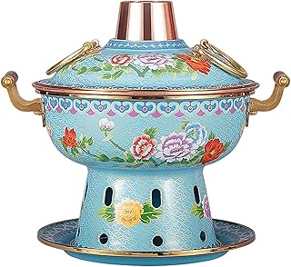 Copper Hot Pot Charcoal Chinese Soup Cooker Outdoor Hot Pot with Lid Split Design Easy to Clean Copper Soup Cookware for Kitchen Catering Parties Hotels Dining,Cyan Flower