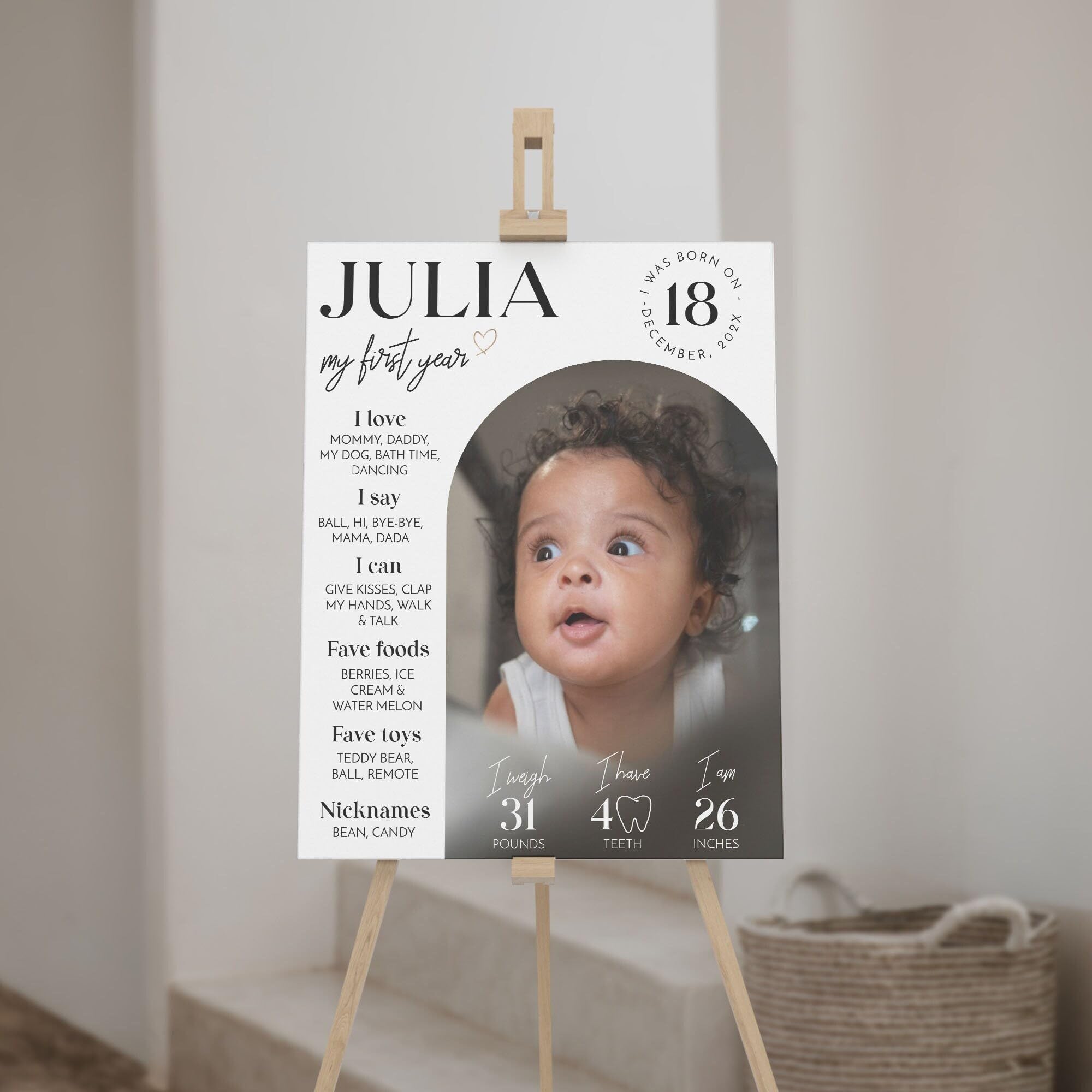 Personalized First Birthday Milestone Sign, Modern 1St Birthday Milestone Poster, One Year Photo Baby Milestone Board CV128_HAQCVPM3080