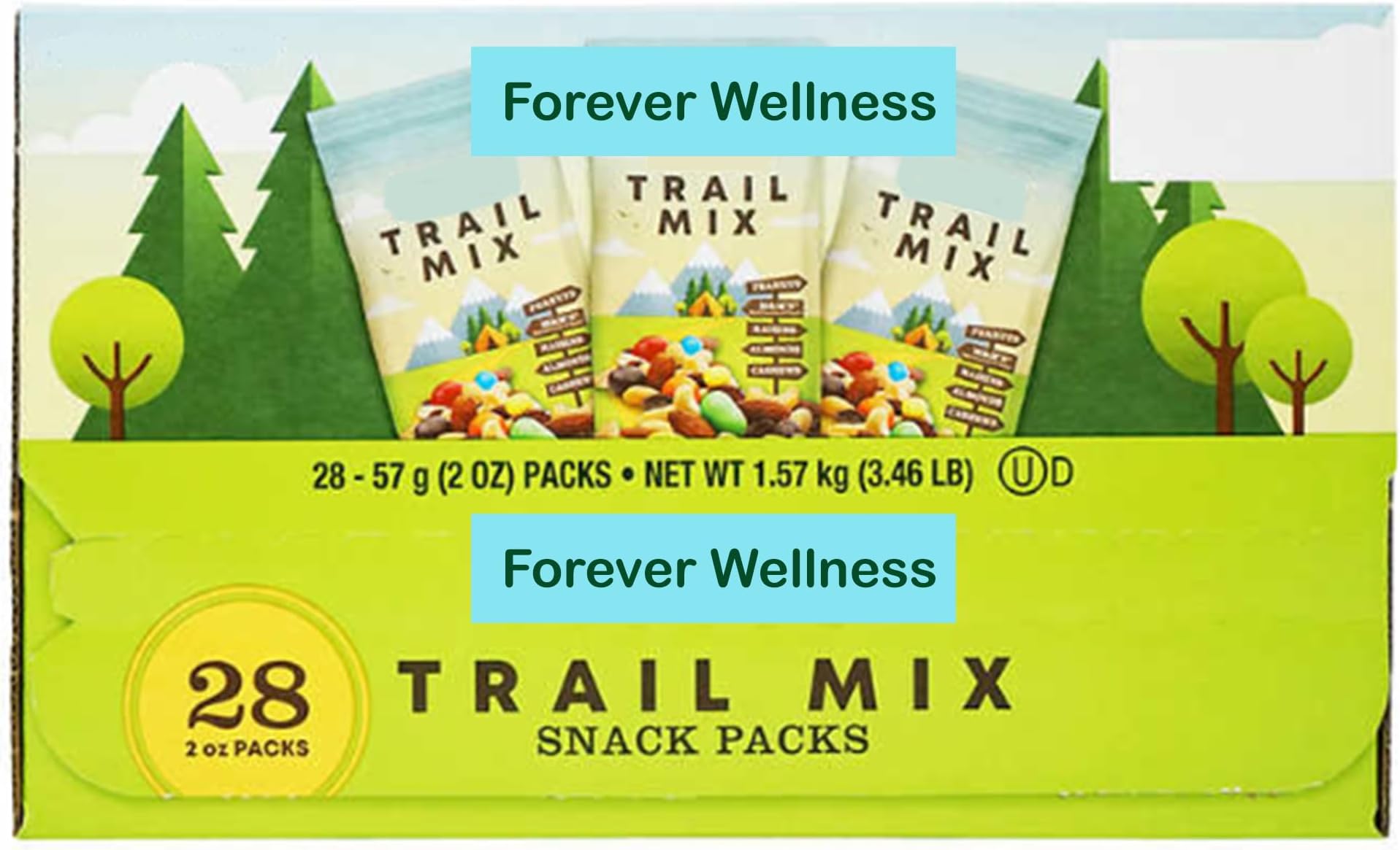 Forever Wellness Trail Mix Snack Packs, 2 oz, 28-count, Kosher Dairy, Snack pack: peanuts, peanut and milk chocolate, raisins, almonds, and cashews