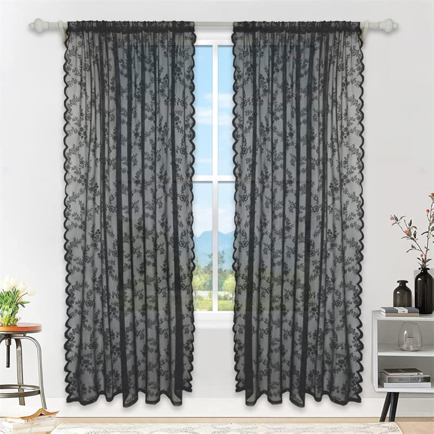 GYROHOME Floral Lace Sheer Curtains, Rod Pocket Window Voile Sheer Drapes for Bedroom, Vintage Style Single Panel Textured Sheer Curtains,Black-110x96inch