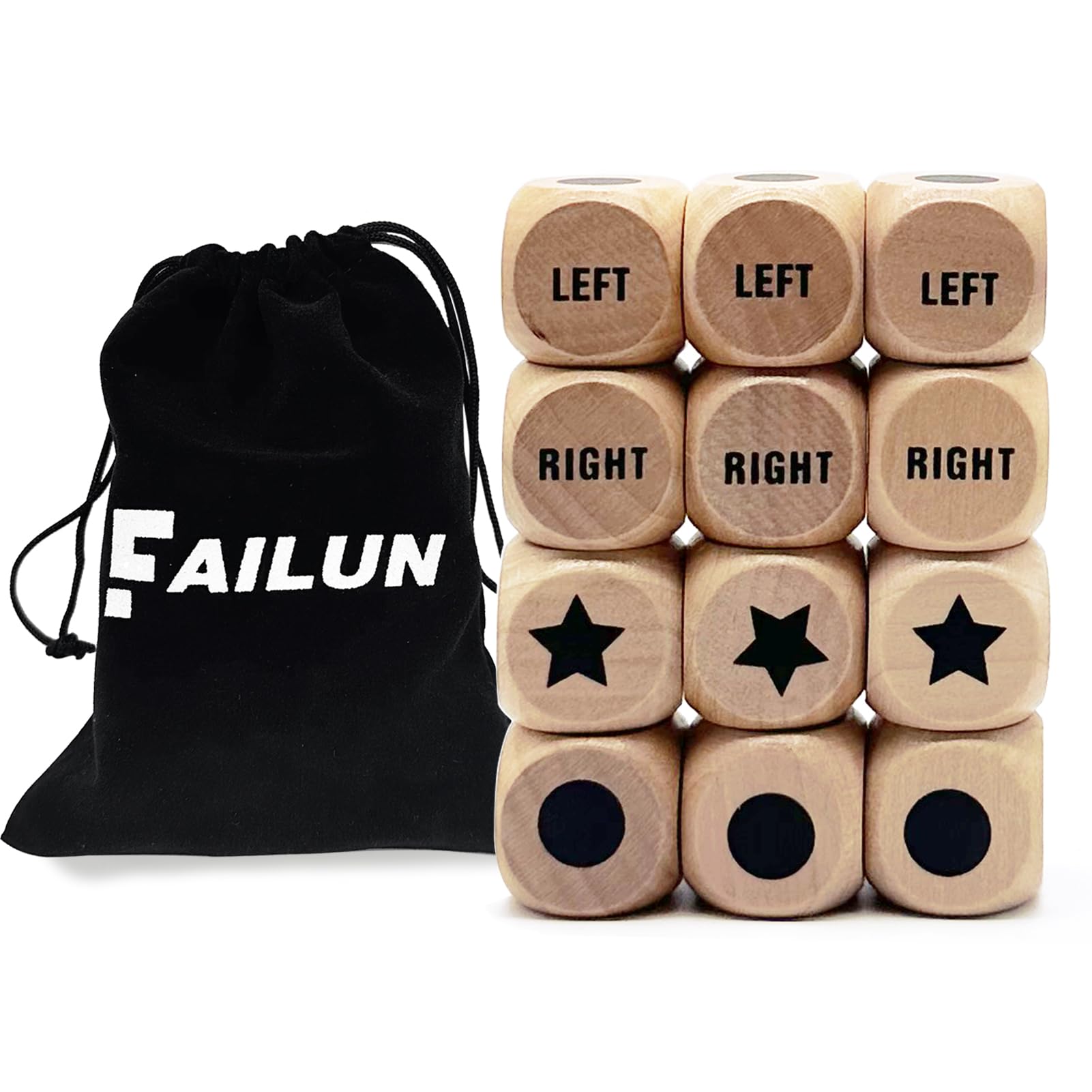 12Pcs Left Right Center Game Dice 1 inch Wooden Dice with Drawstring Bag, Easy to Store and Carry Around, Convenient for Travel