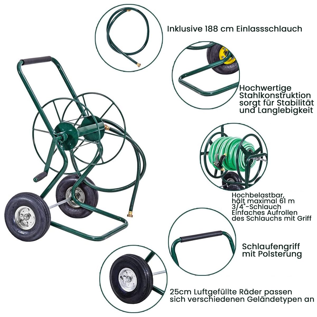 GOPLUS Schlauchwagen Metall, Gartenschlauchwagen für 3/4" Schlauch bis 61m, Schlauchtrommel mit Gummirädern & 188 cm Einlassschlauch, Schlauchaufroller Garten, 71 x 53 x 96,5cm, Grün