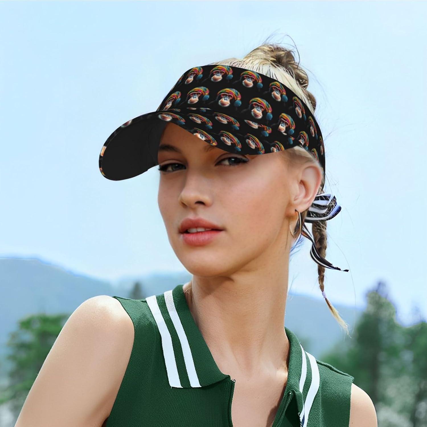 (Monkey) Adult Sun Visor Hat Adjustable Open Top Sports Cap Breathable for Men Women Beach Vacation Essentials Black