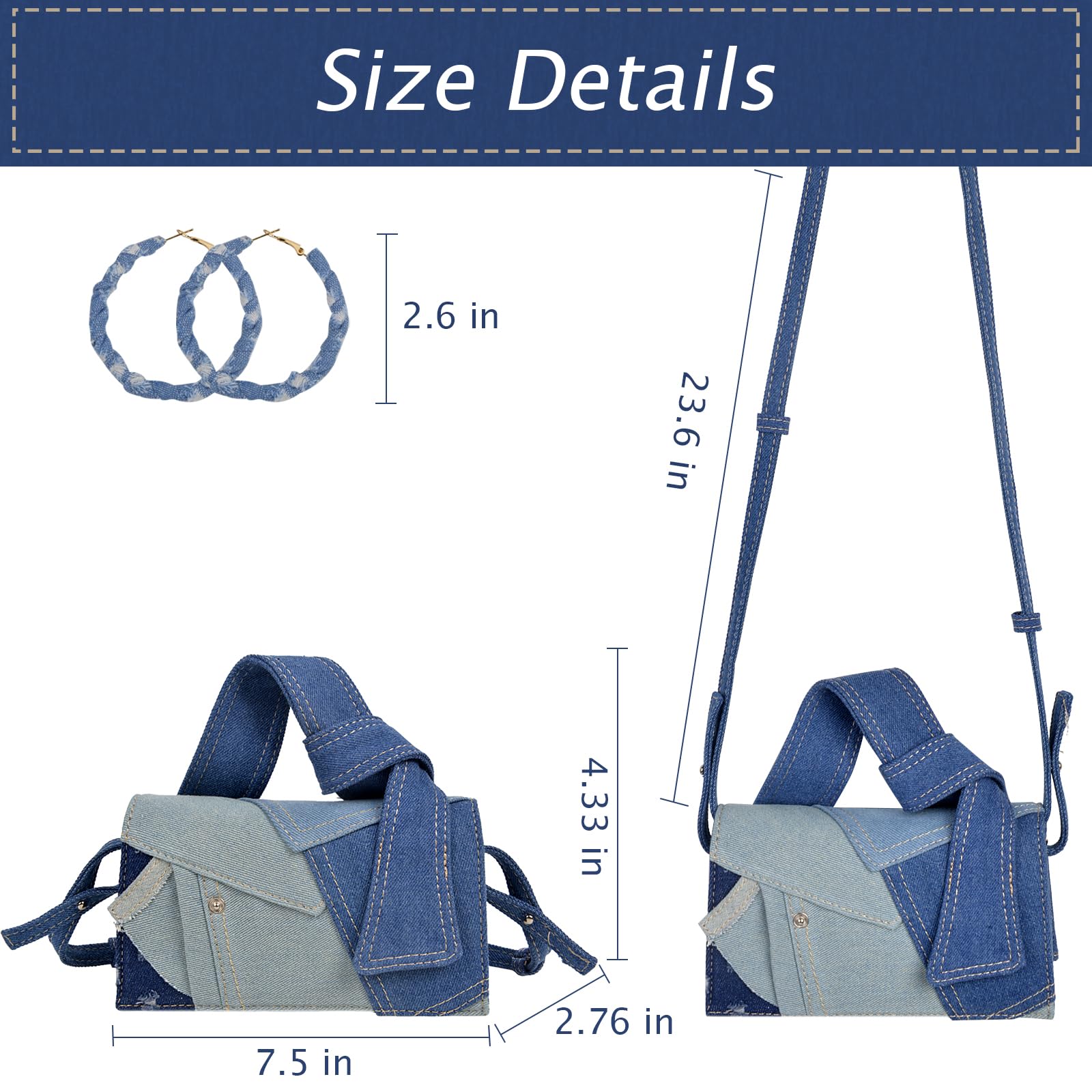 QZUnique Denim Purses set for Women Mini Jeans Handbag & Circle Earrings for Teen Girls Top Handle Crossbody Shoulder Bag (Dark Blue)