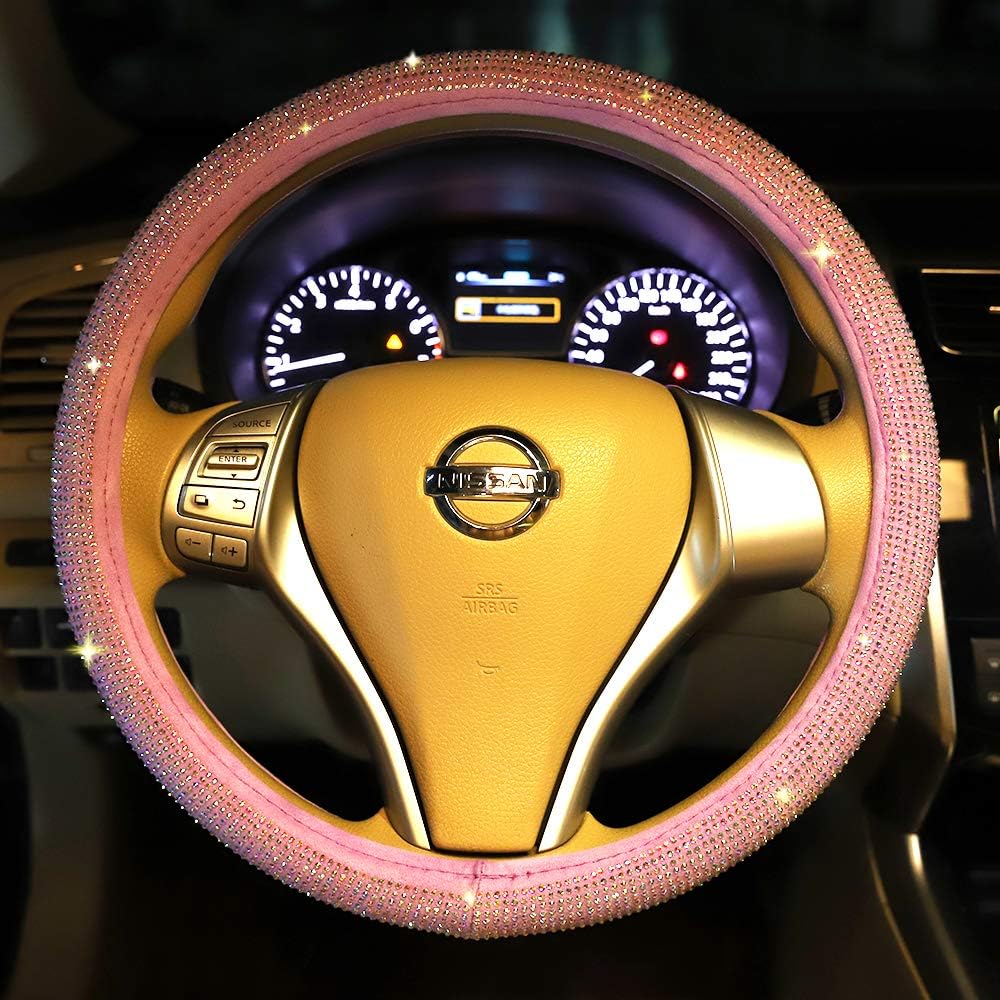Women's Pink Bling Rhinestone PU Leather Steering Wheel Cover - 38cm/15" Diameter
