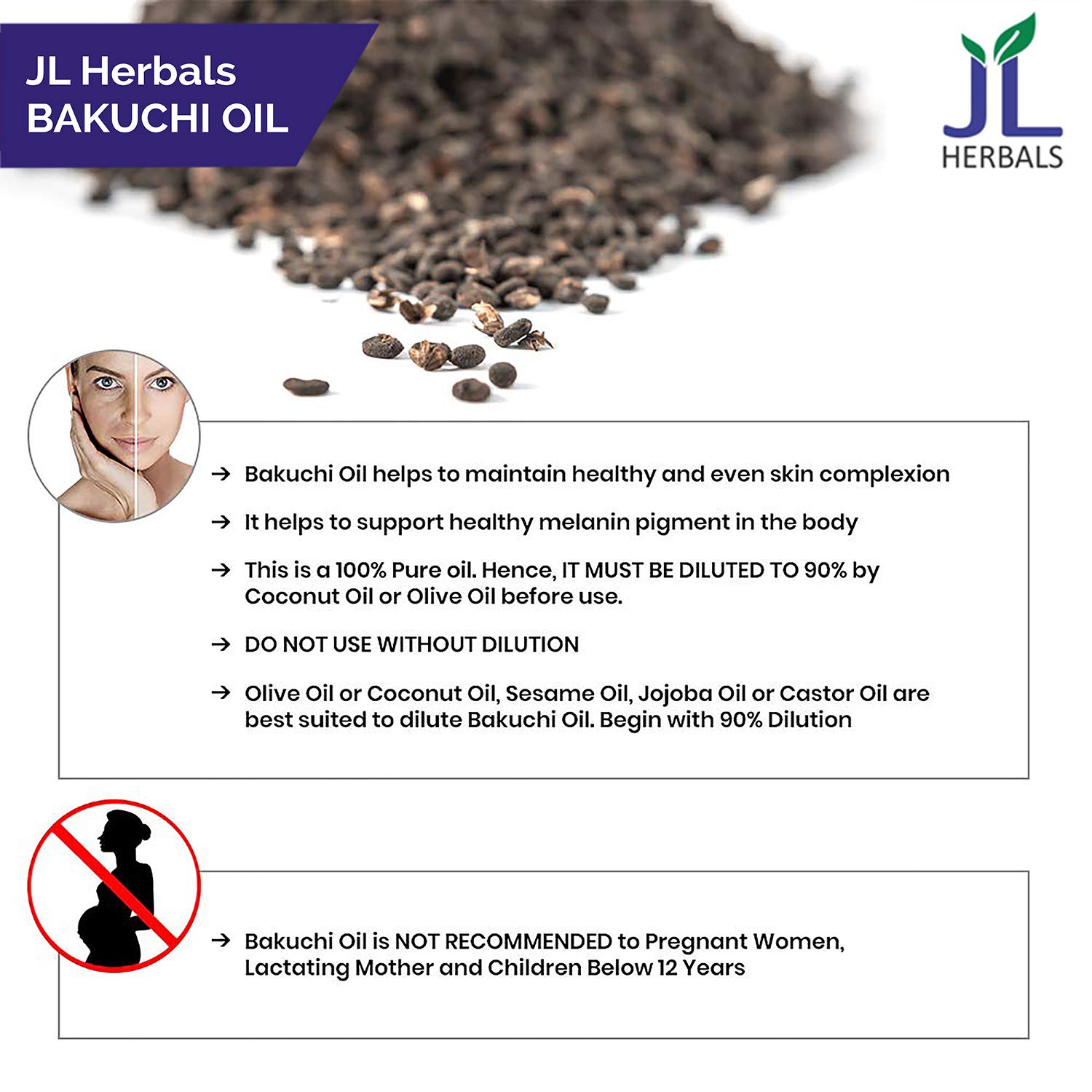 JL Herbals Bakuchi Oil 100ml (3.5 fl.oz) | Babchi | Psoralea corylifolia | 100% Pure & Undiluted | Cold Pressed | for External USE ONLY | USE After Dilution - Image 3