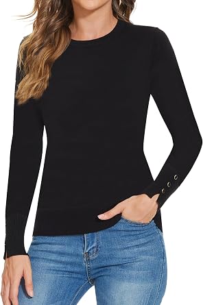Womens Classic Crewneck Sweater Tops with Buttoned Cuff