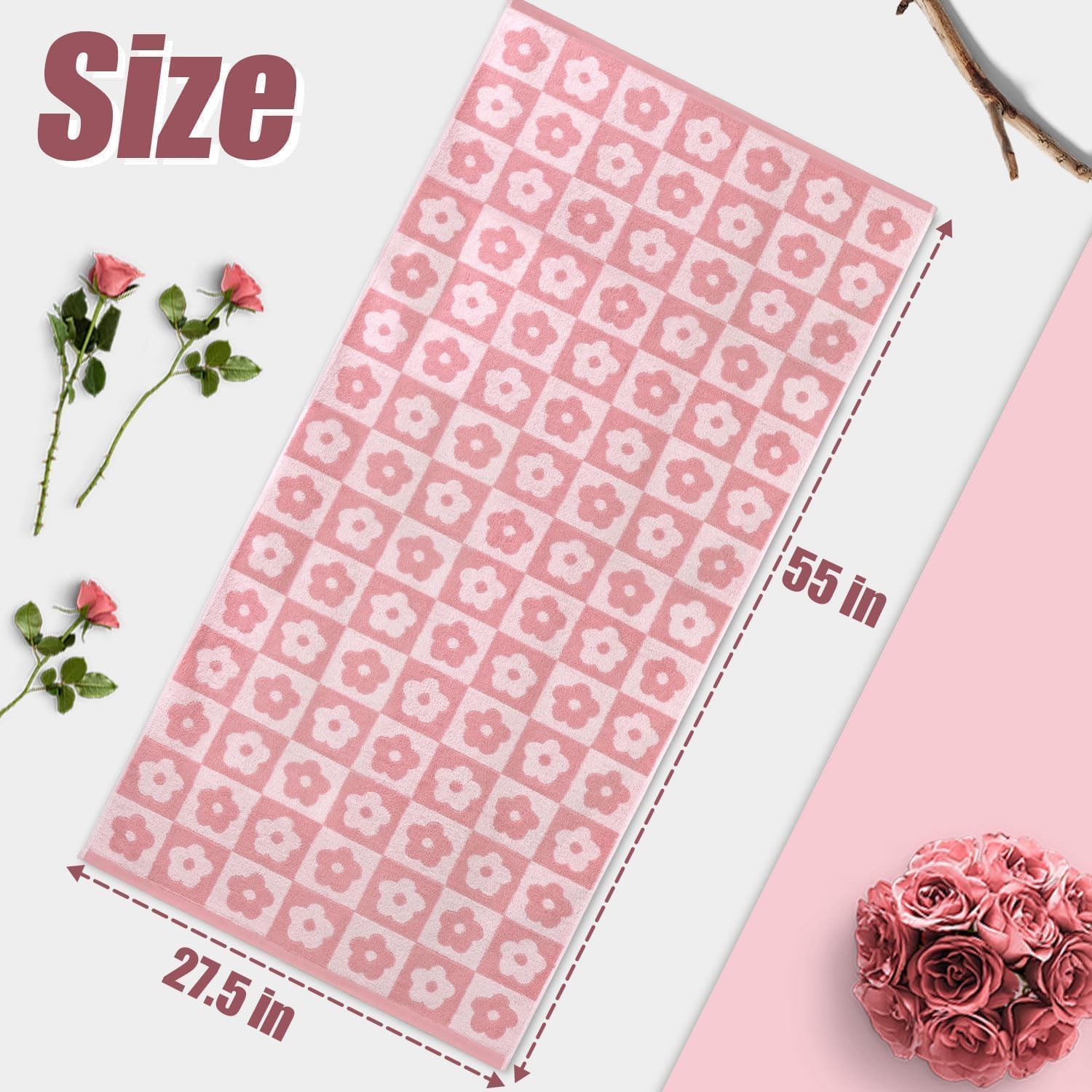 Jacquotha 2 Toallas de baño de Lujo a Cuadros Florales, Toallas Rosas para Mujeres y niñas, Cuerpo de Ducha de 27.5 x 55 Pulgadas, Bonita decoración para días de baño y Piscina, algodón