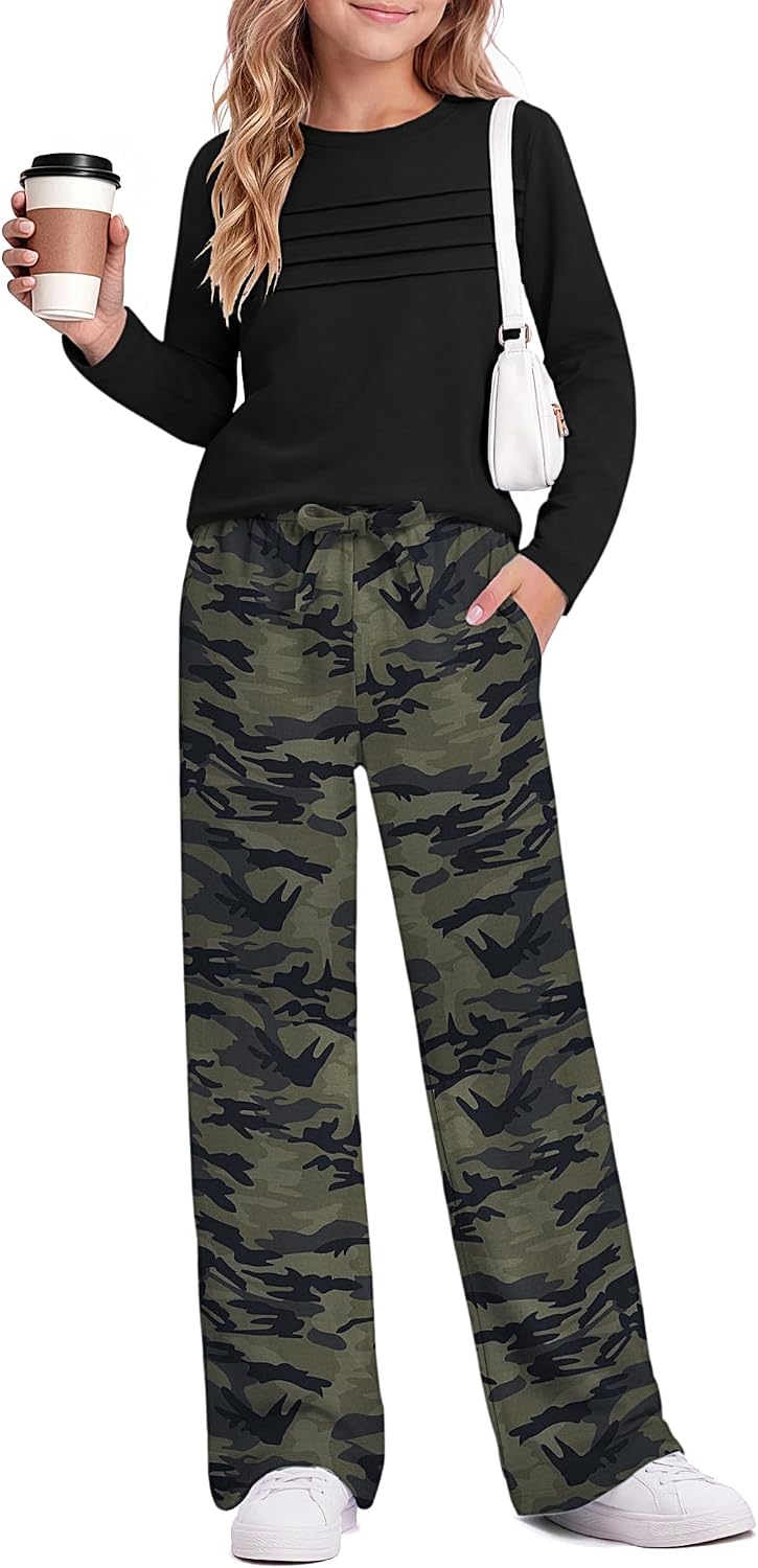 Arshiner Girls Clothes Fall Outfit Crewneck Tops and Wide Leg Pants Set