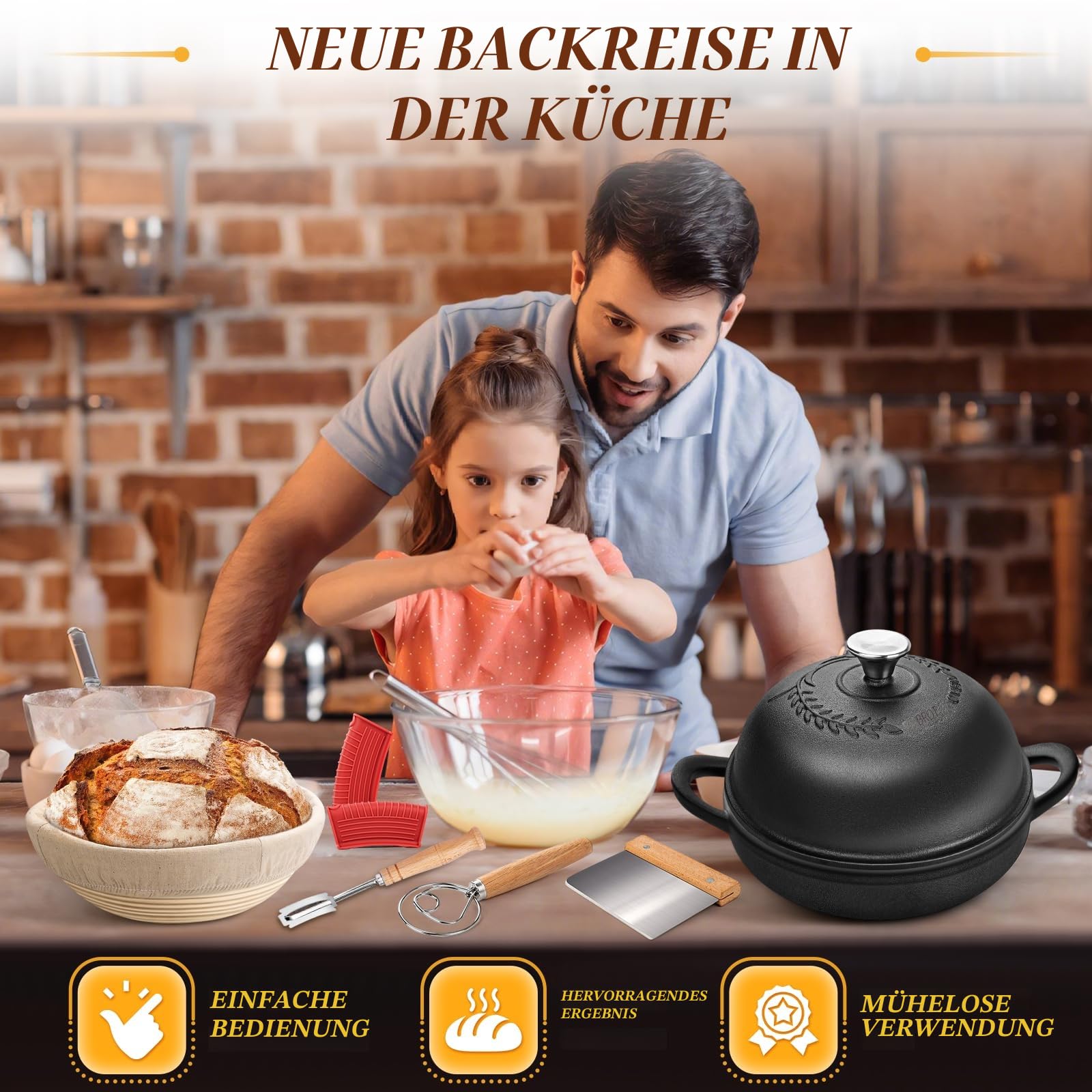 NZQXJXZ Gusseisen Topf Brot Backen 5.7L, Brotbackform mit Deckel, 26 cm Dutch Oven mit Brot Gärkorb Set, Brotbacktopf, Schmortopf Gusseisen Topf für Braten Küche Schmoren Backen