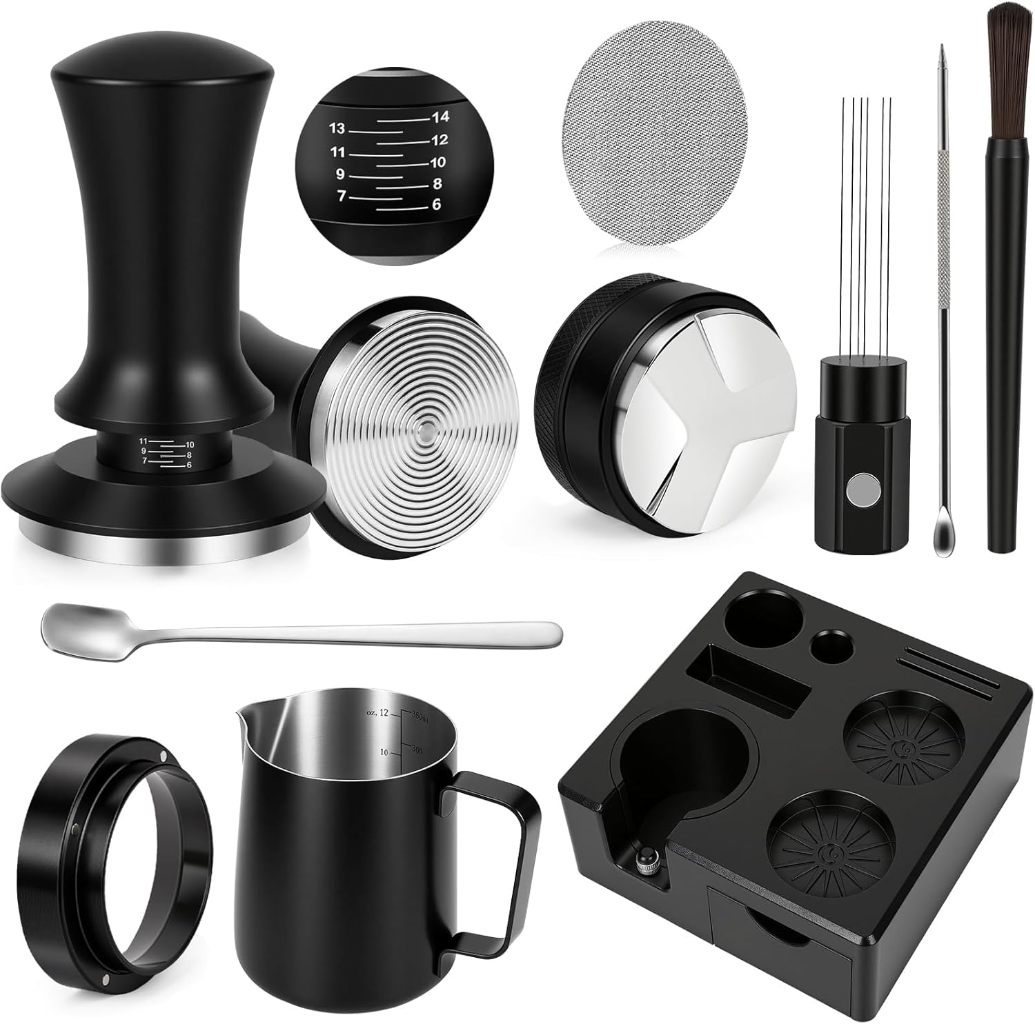 10PCS 51mm Espresso Accessories Kit | 9-in-1 Espresso Tamping Station, Spring-Loaded Tamper, Magnetic WDT Tool, Distributor, Dosing Funnel & Puck Screen | Fit Delonghi 51mm Portafilter