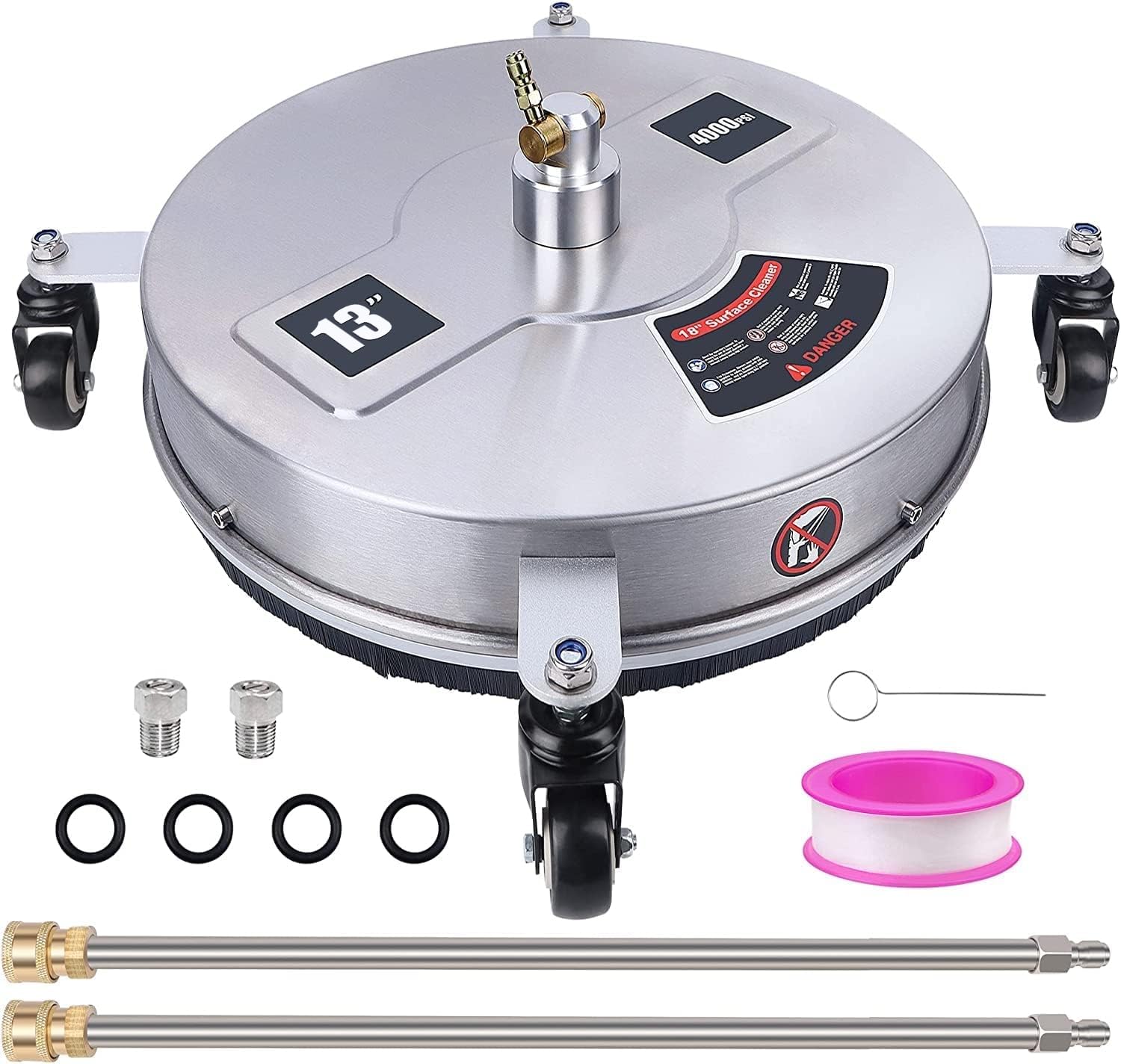 13" Pressure Washer Surface Cleaner with 4 Wheels, Stainless Steel Housing & 1/4" Quick Connector, Power Washer Attachment with 2 Extension Wands, 2 Replacement Nozzles, 4000 PSI
