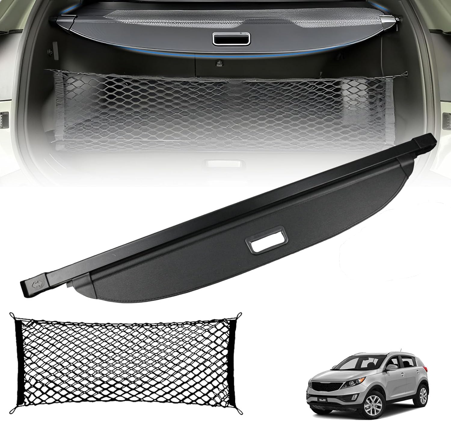 Cargo Cover Trunk Cover for 2021-2026 Kia Sportage Retractable Cargo Cover for Kia Sportage Accessories Trunk Security Shade Luggage Security Shield Shade(with Trunk Net)