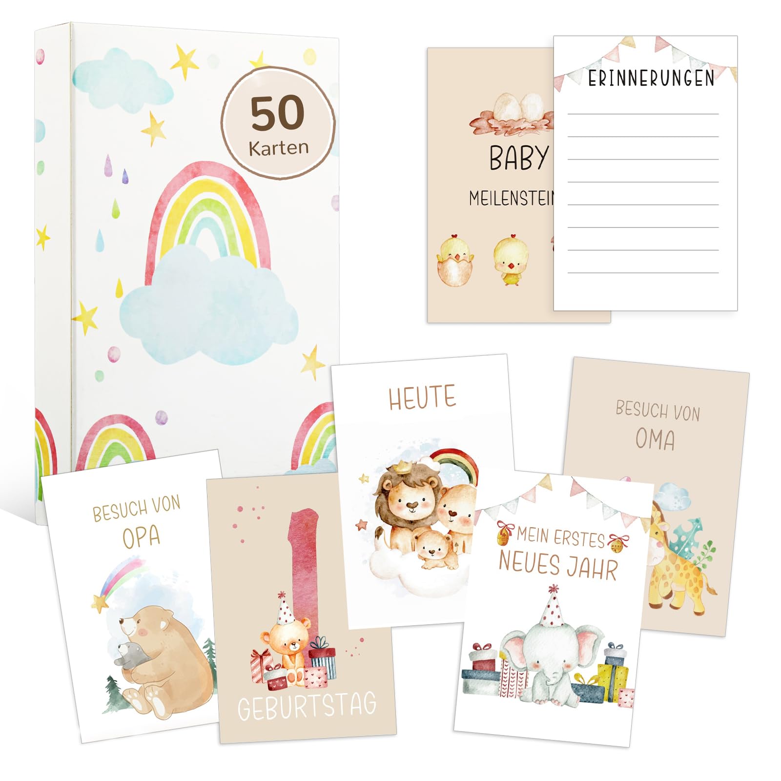 50 Meilensteinkarten Baby, Boho Stil Geschenk zur Geburt Junge Mädchen, "Mein erstes Jahr" Neugeborenen Geschenk Meilensteine Karten Baby mit Geschenkbox für Geburt Taufe Babyparty