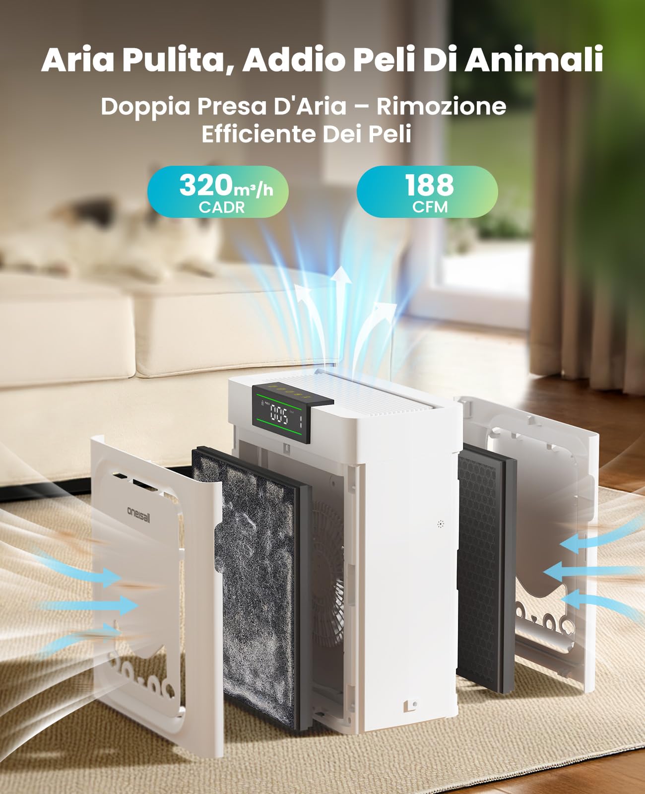 oneisall Purificatore D'Aria Per Animali Domestici, Filtri HEPA Lavabili Su Entrambi I Lati, Per Grandi Ambienti Fino A 204 m², Elimina Peli, Odori, Allergeni, Forfora, Fumo & Polvere, PP02
