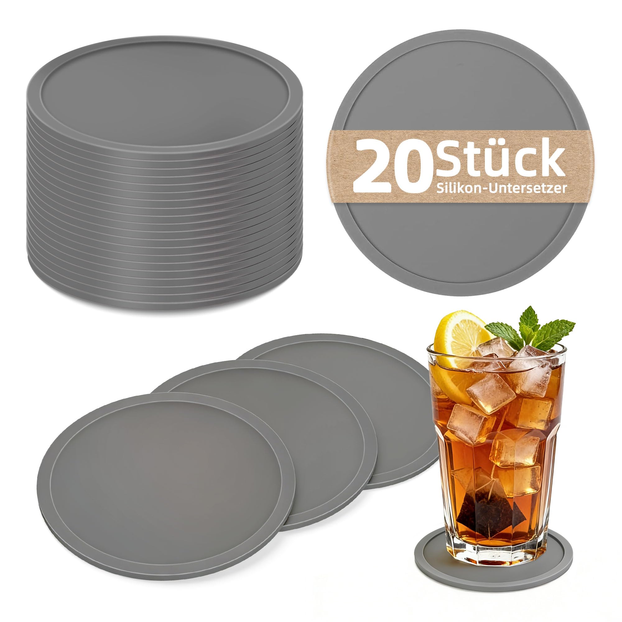 HELIMIAO Untersetzer Gläser 20er Set aus Silikon, rutschfest Glasuntersetzer mit Hohem Rand für Auslaufschutz, Hitzebeständig Tassenuntersetzer für Couchtisch, Esstisch & Bar,Dunkelgrau