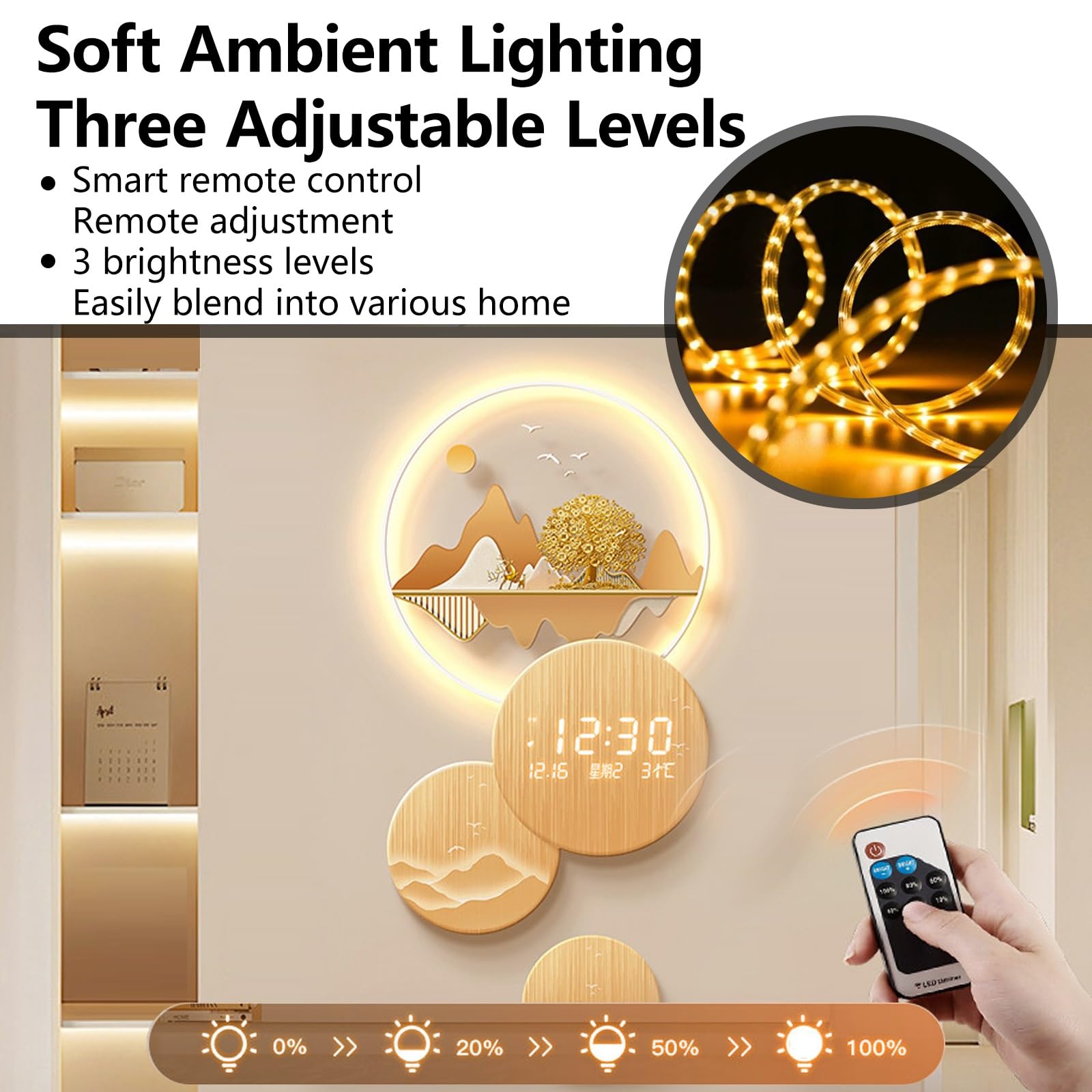 3D zegar ścienny LED – wielofunkcyjny zegar dekoracyjny z temperaturą, datą, wyświetlaczem tygodnia, świecąca rzeźba ścienna do salonu i przedpokoju, 50 x 84 cm