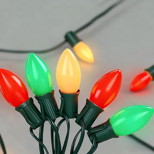 Miniatura 18 de Luces de Navidad C9 rojas, blancas y verdes al aire libre, 25 pies, luces vintage para árbol de Navidad con 26 bombillas C9 transparentes Rojo