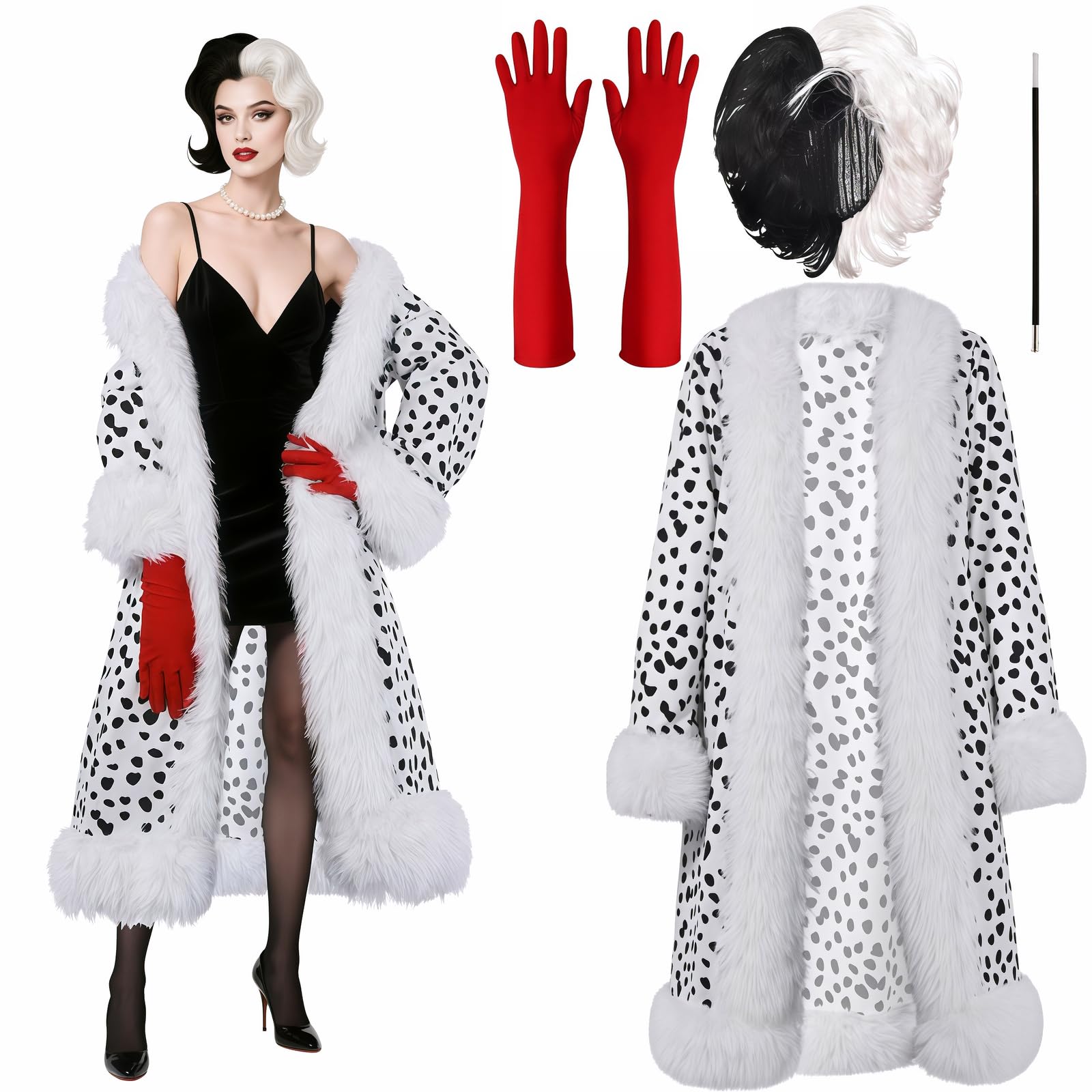 Spotted Hund Kostüm Set Halloween Gepunktet Hund Kostüm Erwachsene mit Dalmatiner Mantel Handschuhe Perücke, Frauen Dalmatiner Verkleidung für Halloween Karneval Party