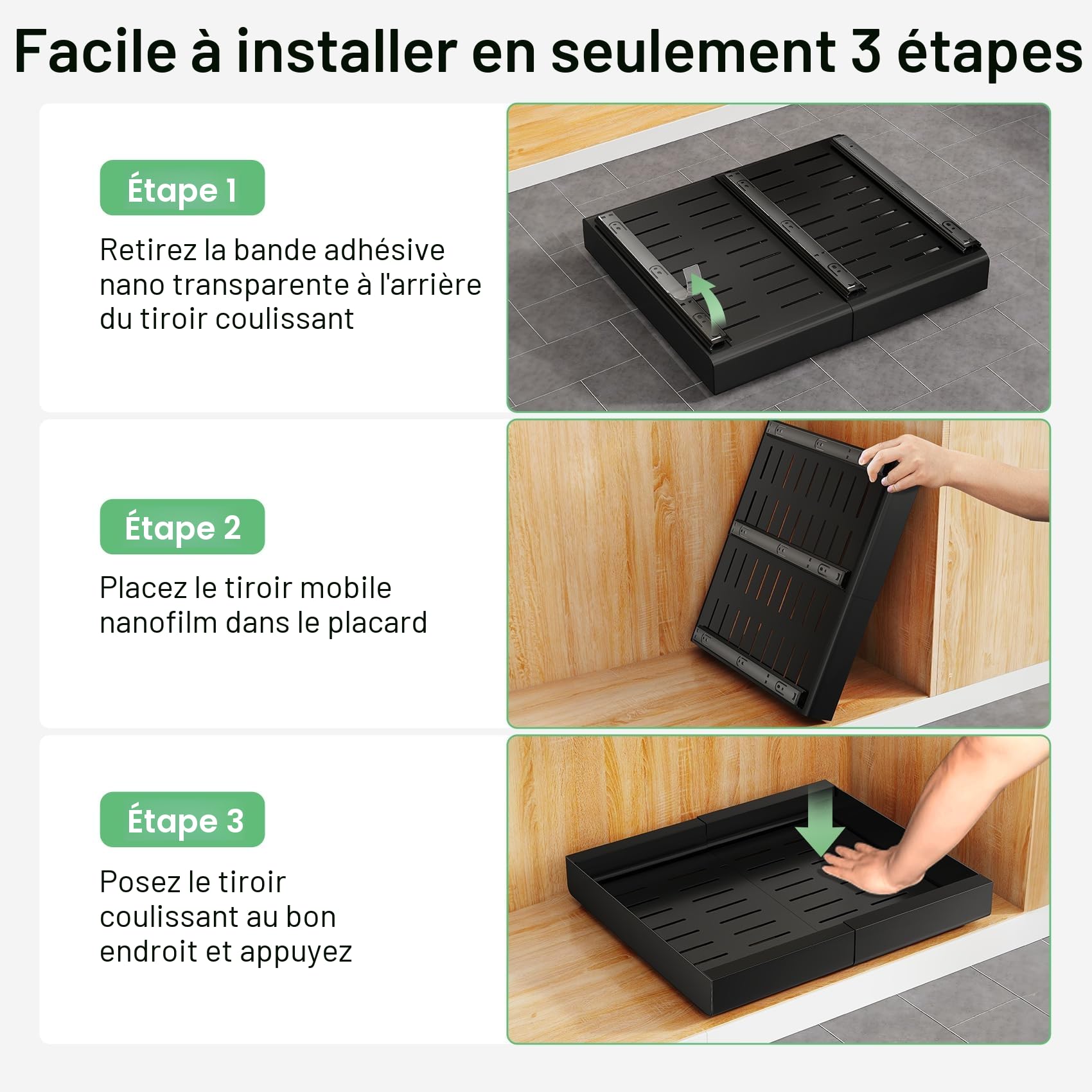 Kitstorack Tiroir Coulissant Cuisine 2 Pièces - avec 3 Rails de Guidage & Film Nano-Adhésif - Tiroir Coulissant Placard pour Rangement Cuisine - Montage par Adhésif ou Vis (43x30-50x5,8 cm, Noir)