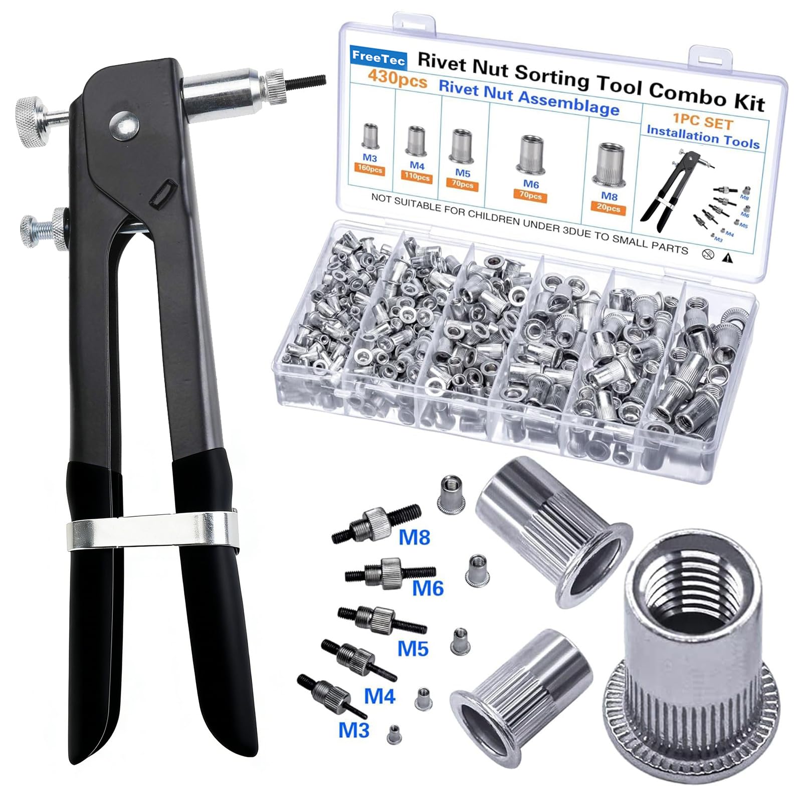 FreeTec 436pcs Rivnut Tool Kit, M3 M4 M5 M6 M8 Rivet Nut RIV Nut Tool Kit