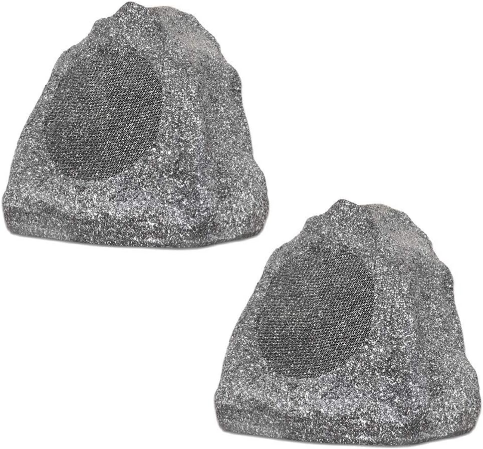 Theater Solutions 2R6G Outdoor Granite 6.5" Rock 2 Speaker Set for Deck Pool Spa Yard Garden, Granite Grey 6.5 in