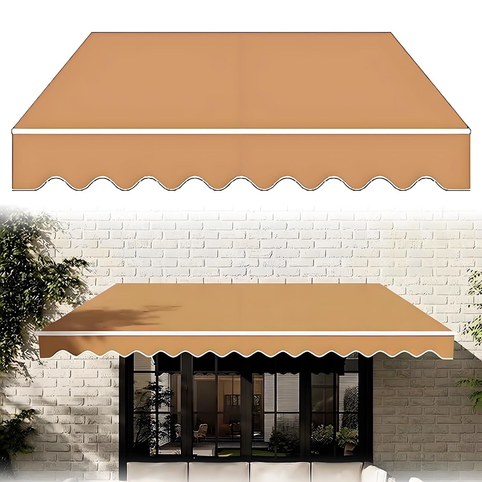 Tissu Store Banne Toile De Rechange pour Store De Terrasse | Couleur camel, Voile d'ombrage pour barbecue Porches Terrasse, 2m 3m 4m 5m 6m 7m(12x10ft/3.7x3.05m)