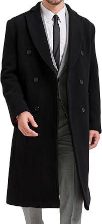 Mens Black Wool Double Breasted Overcoat Cashmere Long Winter Coat, Peak Lapel Topcoat