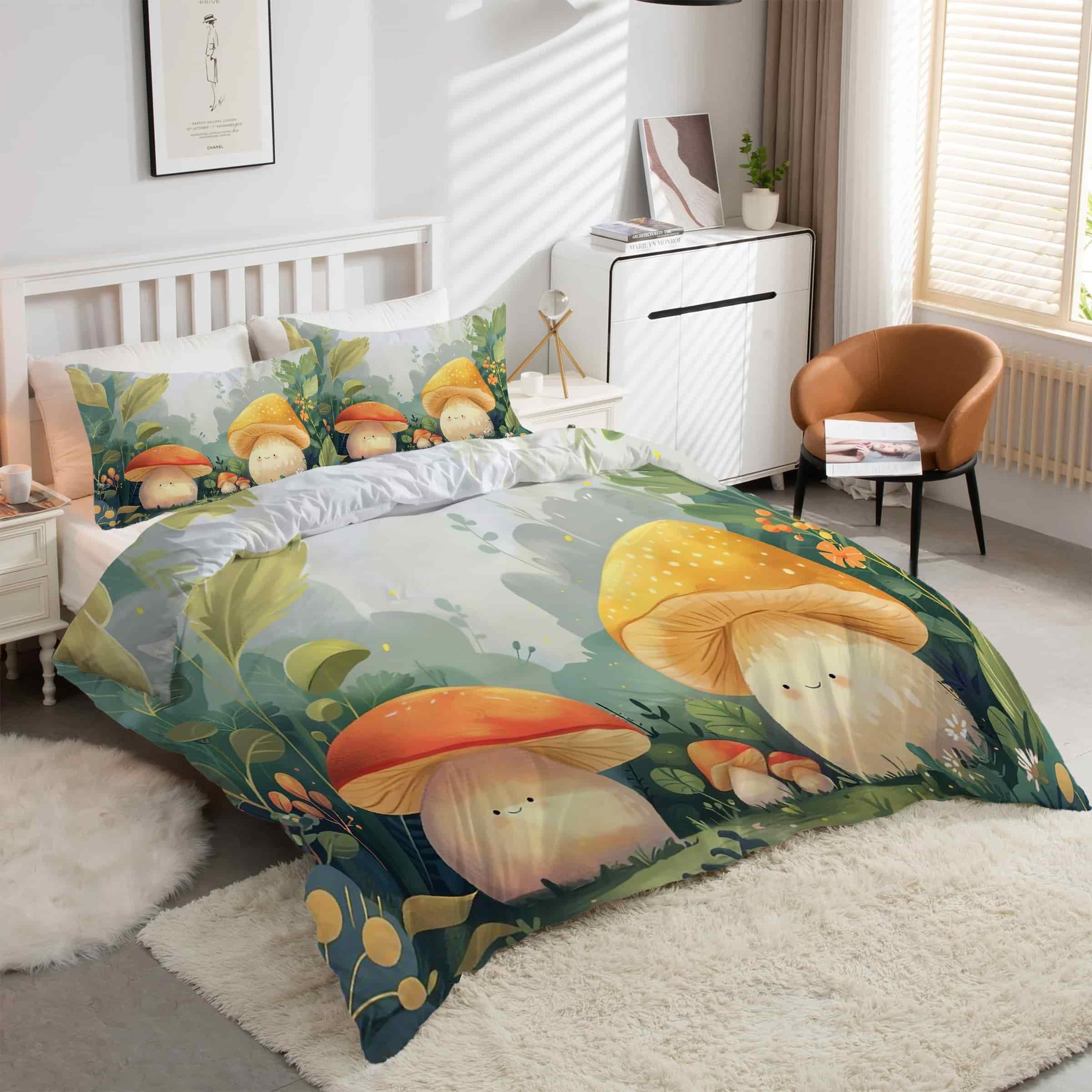 Parure de lit 90x190 champignons pour chambre d'enfant douce en microfibre avec 2 taies