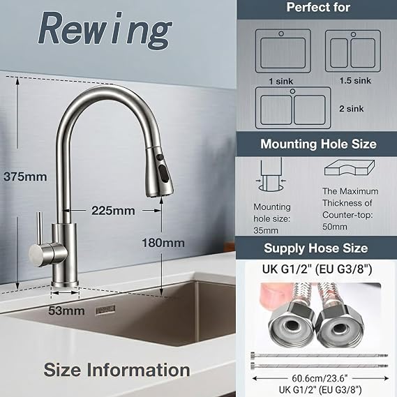 Rewing Kitchen Tap, Kitchen Mixer Taps with Pull Out Sprayer, Kitchen Sink Taps High Arc Swivel 360 with 2 Spray Mode Cold and hot Fittings (Polished Chrome)