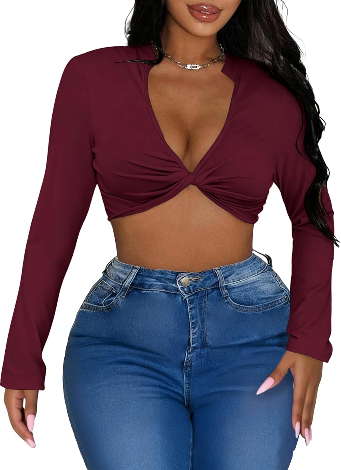 LovelyWholesale Women Long Sleeve Crop Top Twist Front Tops Sexy V Neck T Shirts