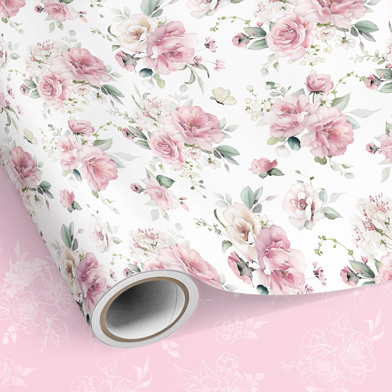 SHUCHING Pink Flower Wrapping Paper Roll, Reversible Luxury Pink Floral Gift Wrap for Women Girl's Birthday, Wedding, Anniversary, Bridal Shower Party, Mother's Day - 43cm X 10m