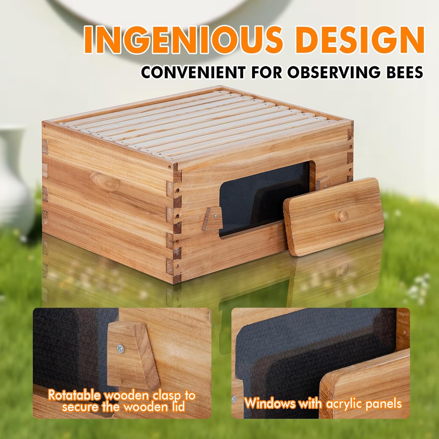 Honey Lake 10 Frame Beehive Deep Brood Box with Window, Langstroth Bee Hive Box Kit Dipped in Beeswax Include Wooden Frames & Waxed Foundations, Bee Boxes for Beekeeping Supplement (Unassembled)