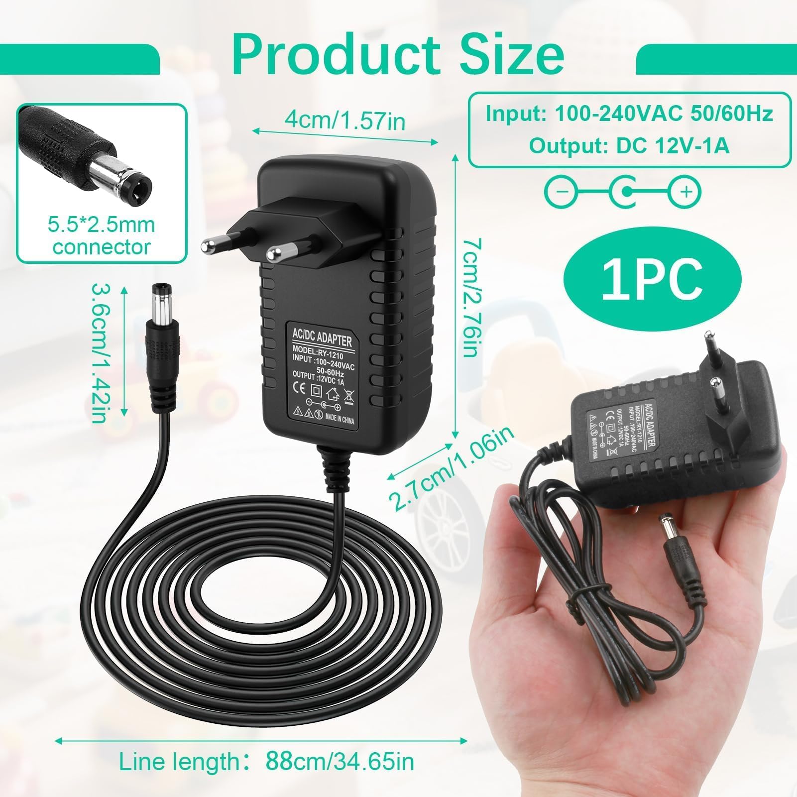 12V 1A Ladegerät Für Kinder Elektroautos - Netzadapter Mit EU-Stecker Schwarz