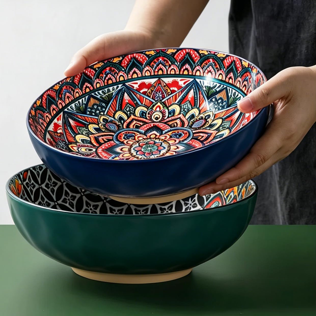Large Serving Bowls Set of 2, 78 Oz 10 Inch Bohemian Ceramic Salad Pasta Fruit Bowls for Entertaining, Dishwasher & Microwave Safe, Green and Blue
