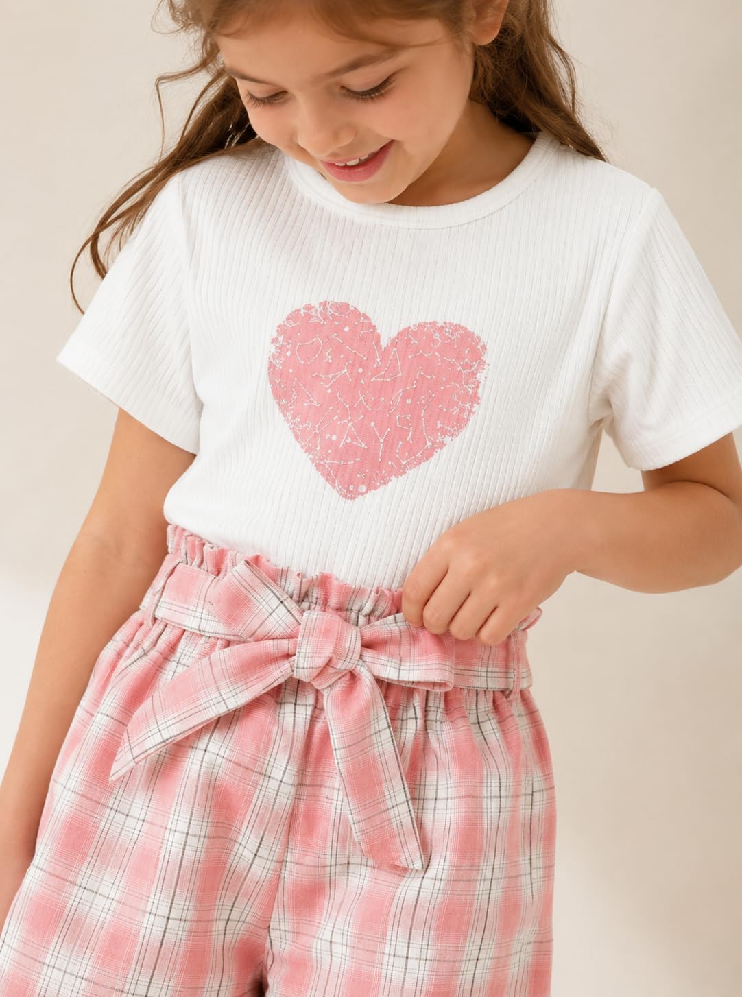Girls Summer Outfits Cute Heart Graphic Ribbed Short Sleeve Tops and Plaid Paperbag Short Sets with Bow Belt