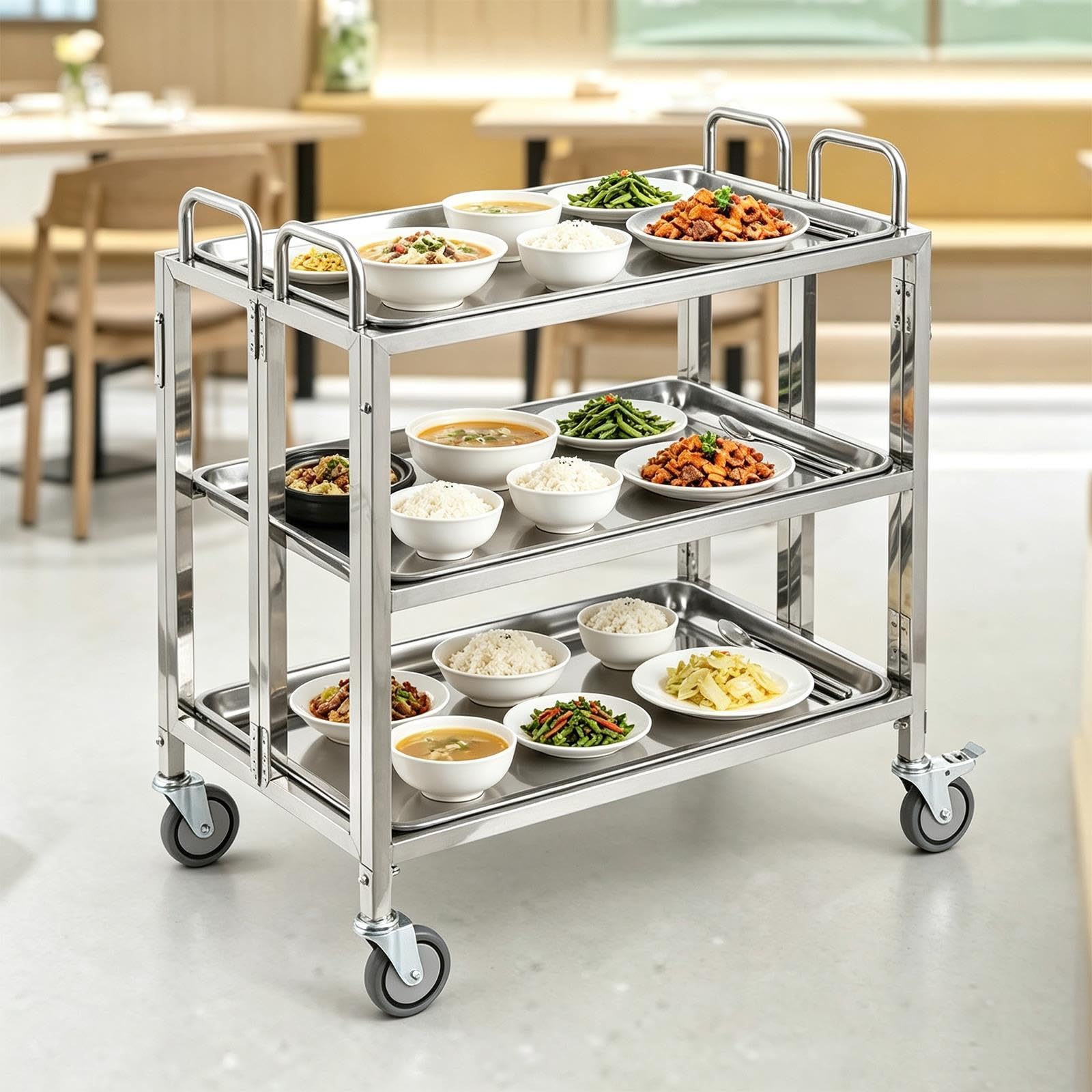 Carrito de Servicio Plegable de Acero Inoxidable, Carrito utilitario rodante Plegable de 3 Niveles Que Ahorra Espacio con Ruedas con Freno, Carrito de Comida móvil portátil