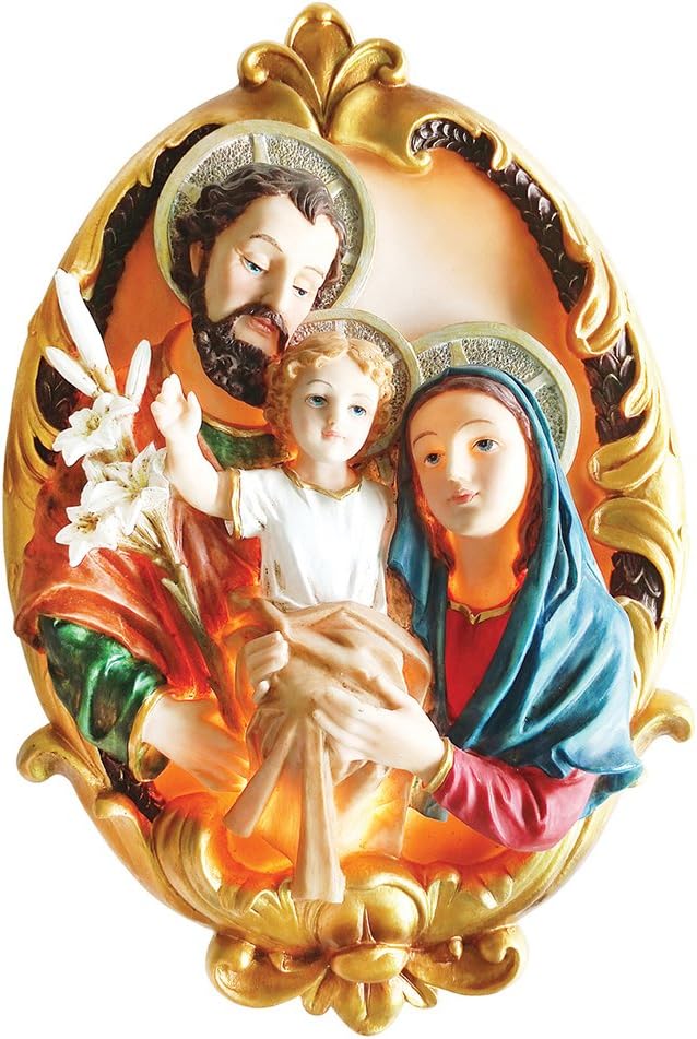 15.8 Inch Holy Family with Light Home Decoration Lamp Decorative Votive Religious Light Pendant Saint Mary, Saint Joseph and Jesus Statue