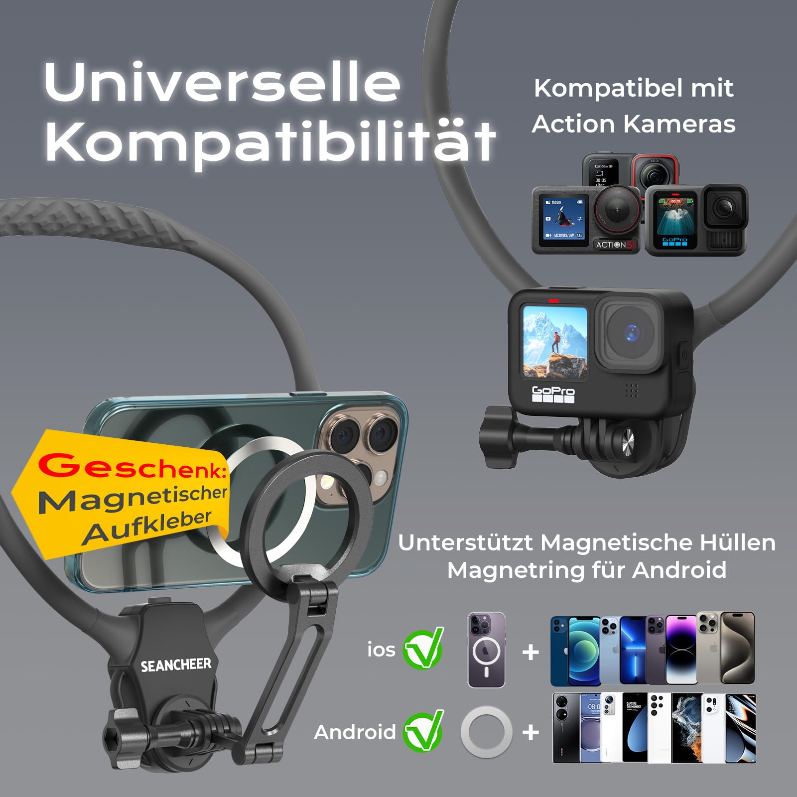 Soporte magnético para el cuello POV Vlog manos libres, soporte para el cuello con anillo magnetizador, grabación de video para iPhone 17, 16, 15, 13 Series Android Smartphone【2026 Extra Long Version】