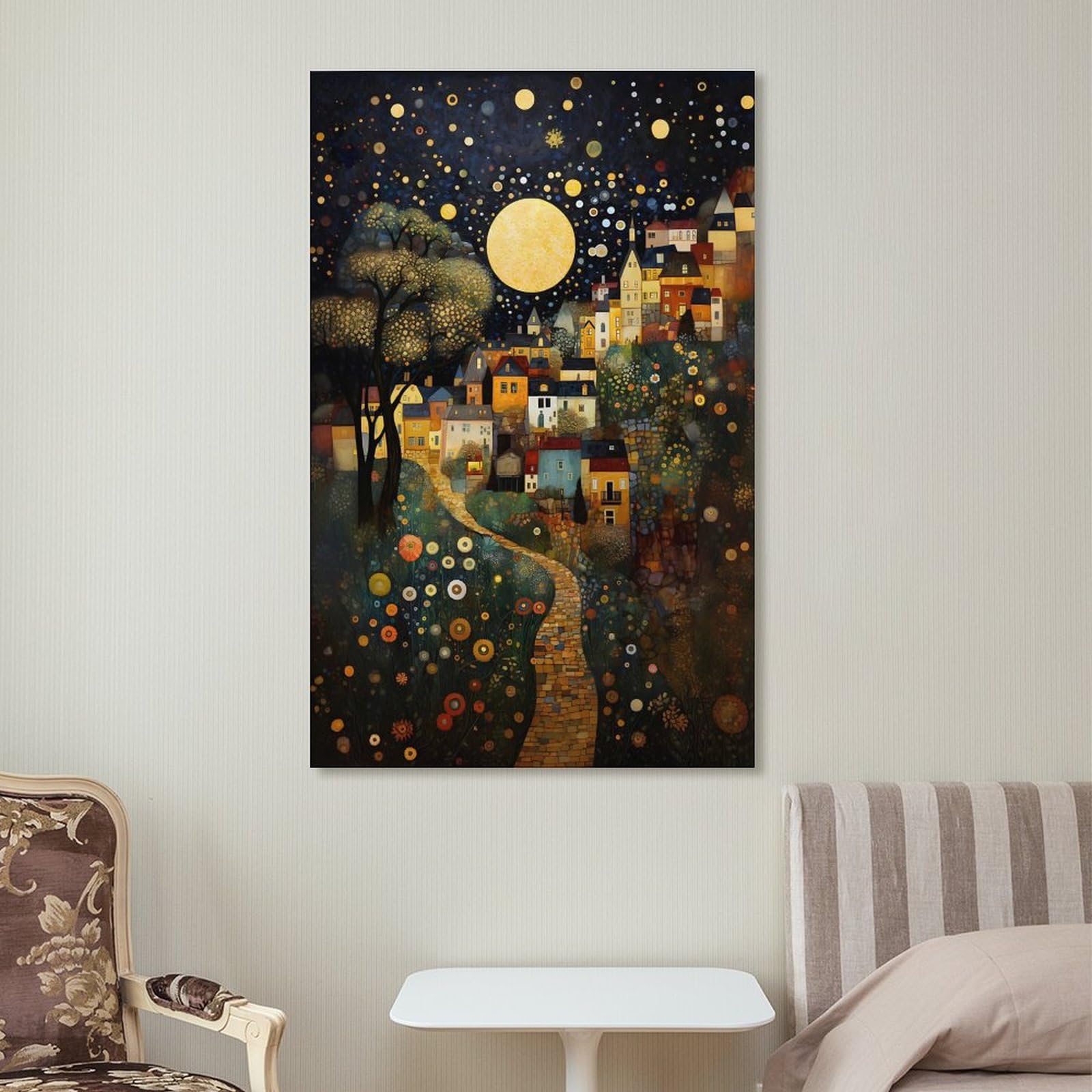 Gustav Klimt Mond Nacht Himmel Landschaft Florale Wandkunst Pflanzen Poster für Zimmer Ästhetik Leinwand Wandkunst Schlafzimmerdekor 40 x 60 cm (16x24 Zoll)