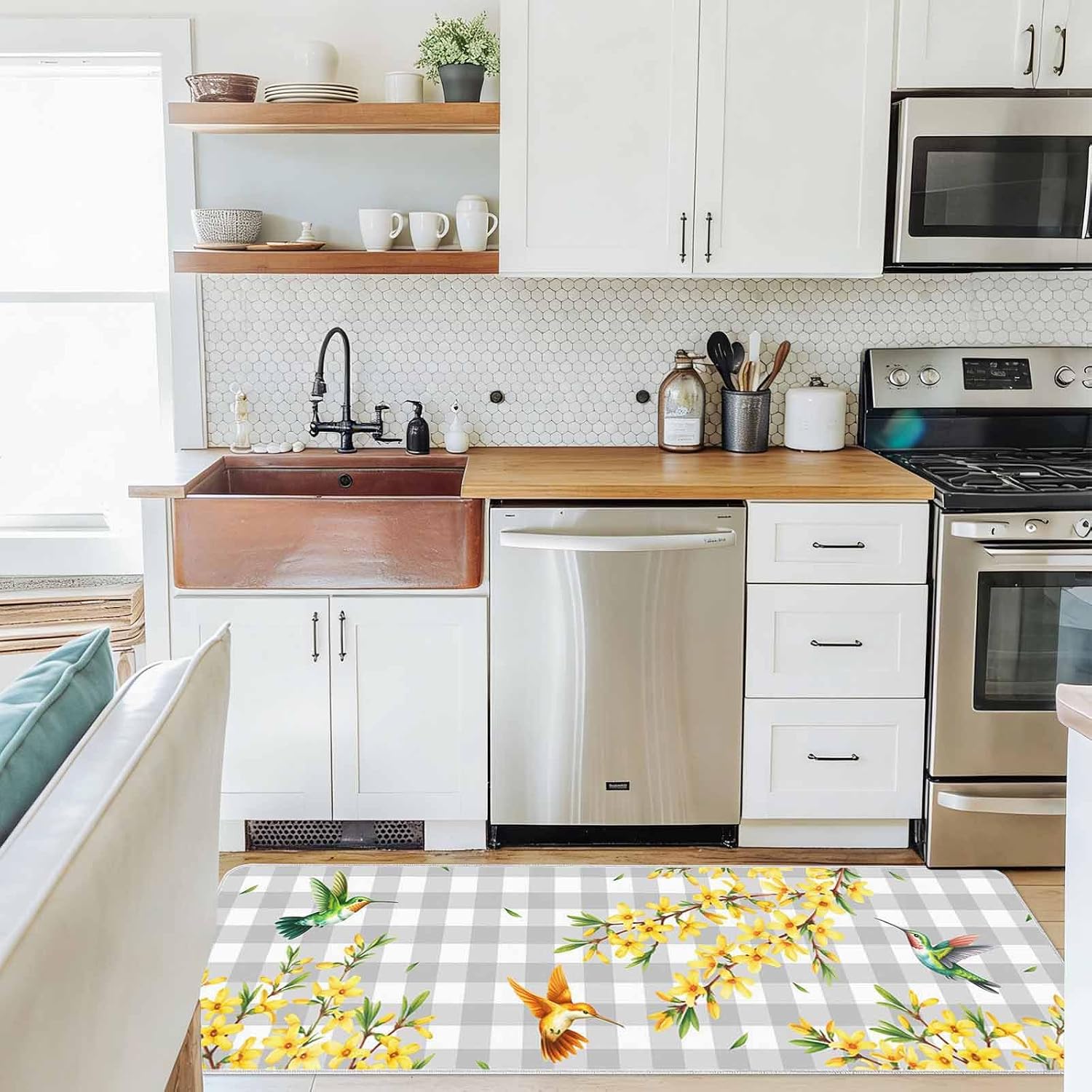 Watercolor Spreaded Flowers Kitchen Rug and Mat,Washable Floor Mats Standing Cushioned Set of 2,Birds Gray White Plaid Slip-Proof Doormat Runner Rugs for Indoor Bathroom Laundry Sink