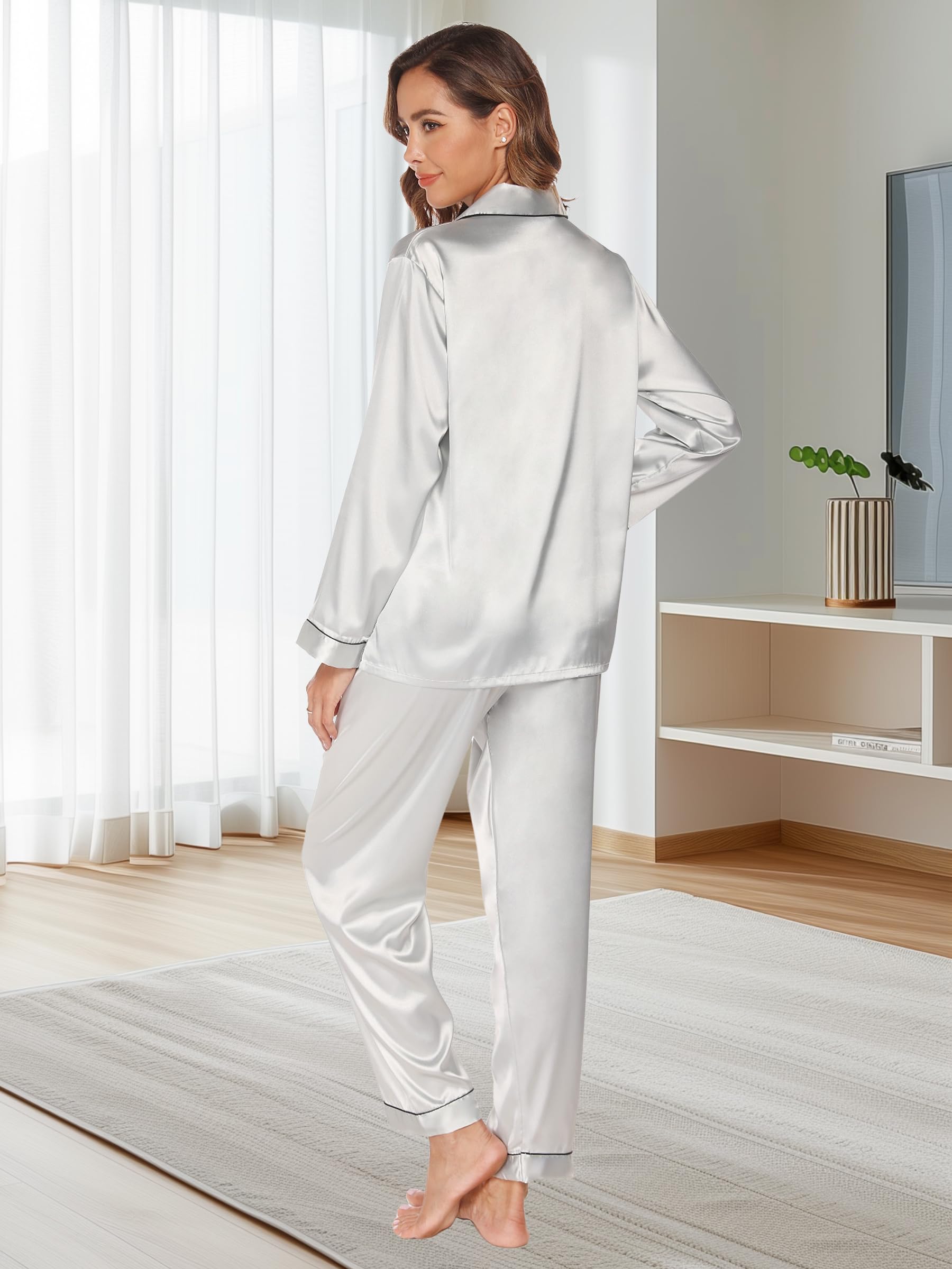 GAESHOW Conjunto de Pijama de Seda de Satén para Mujer, Conjunto de Manga Larga con Botones, Ropa de Dormir, Ropa de Descanso, Conjuntos de Dos Piezas, S-XXL