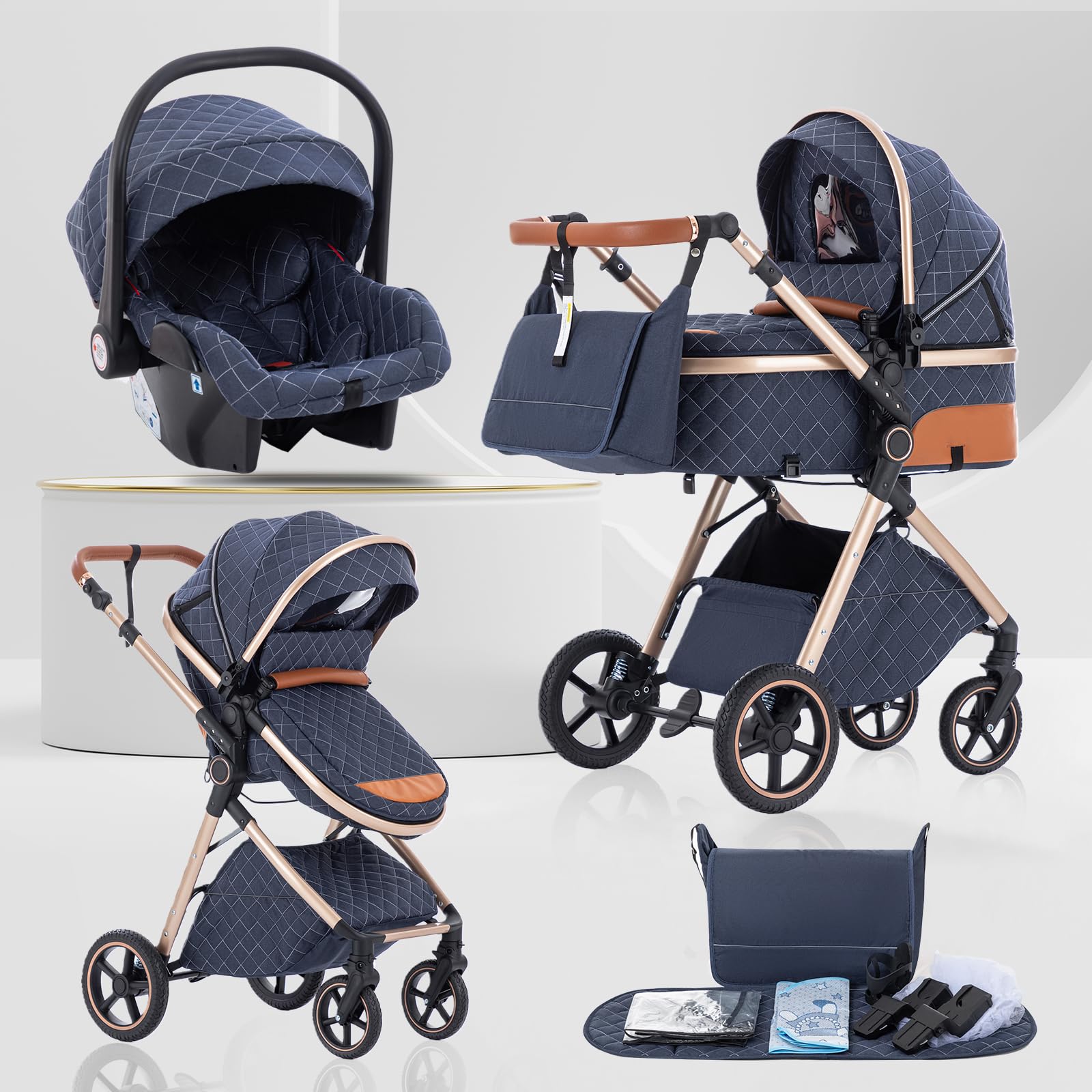 Kinderwagen 3 in 1, Buggy Klein Zusammenklappbar,Blau