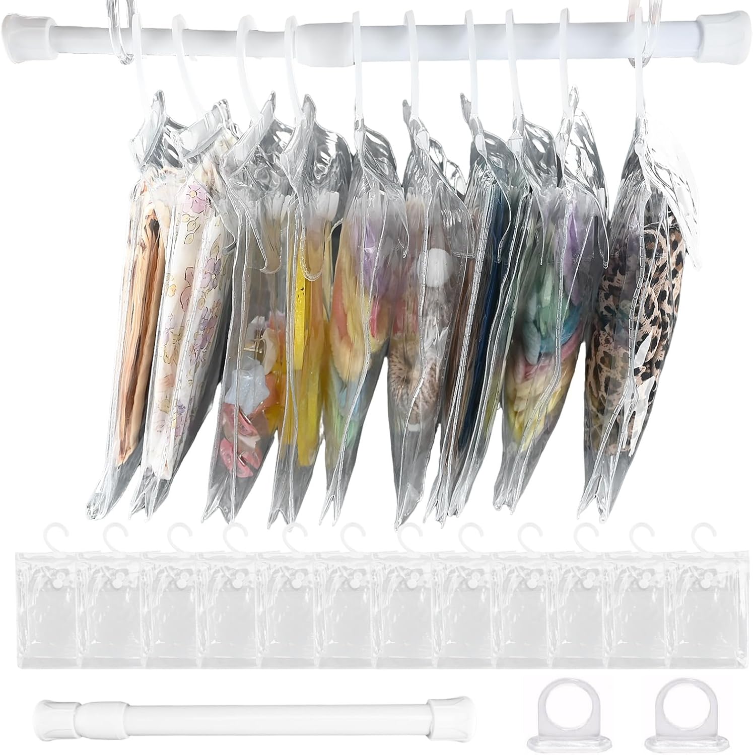 12 Pack Clear Doll Clothes Storage Bags with Hanging Rod & Hooks, PVC Transparent Doll Clothes and Accessories Organizer, Compatible with 15/17cm Dress Up, Space-Saving Wardrobe