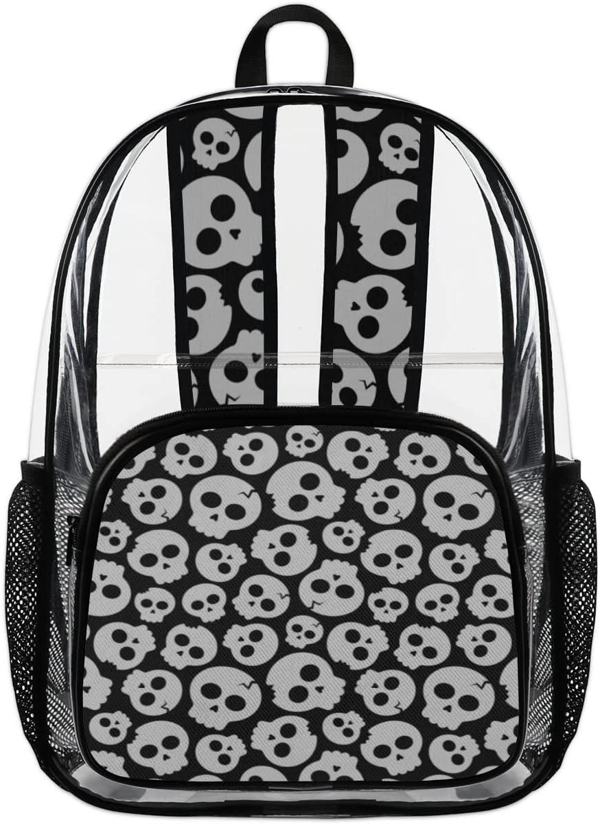 Skulls Pattern Clear Backpack Stadium Approved Heavy Duty PVC Transparent Backpacks Large Laptop Backpack for Work Travel Sports Events Concerts