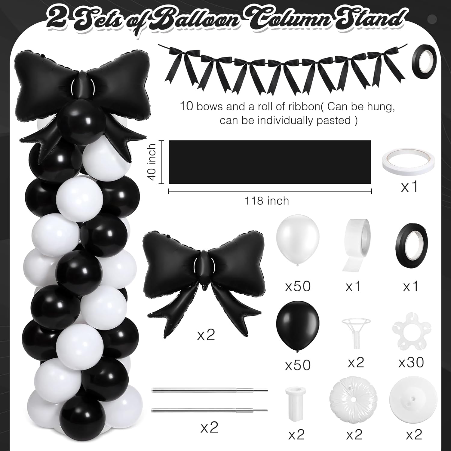 2 Sets Christmas Decor Bow Theme Balloon Column Stand Kit Decorations Bow Garland Banner Runway Adjustable Balloon for Coquette Bachelorette Baby Shower Wedding Party Supplies(Black)