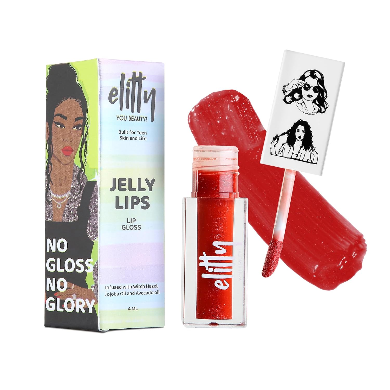 Elitty Jelly Lips- Red Lip Gloss for High Shine, Glossy Finish & Hydrating Lips with Jajoba Oil & Vitamin E | Vegan & Cruelty-Free, Pretty Extra (4 ML)
