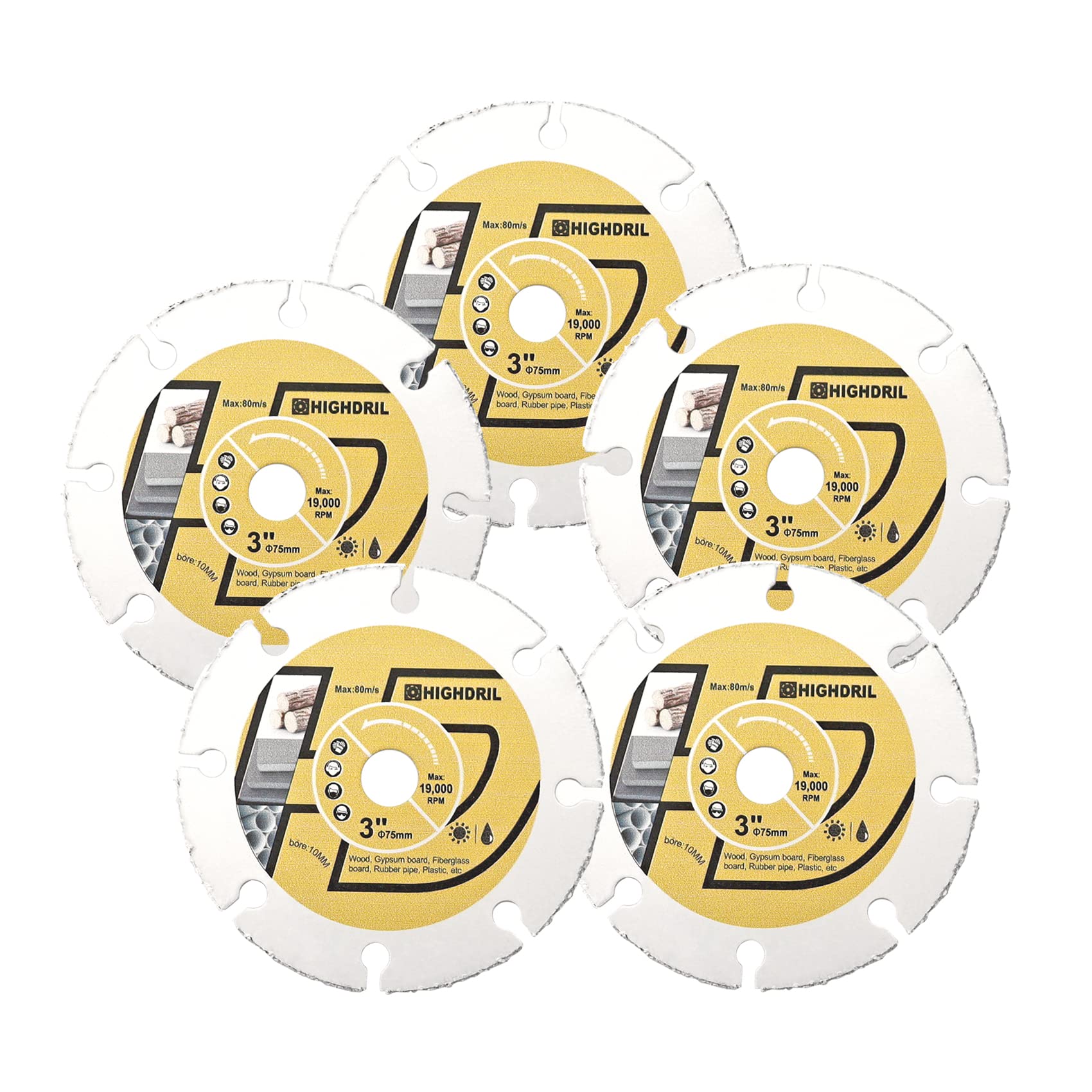 HIGHDRIL 5PCS 3Inch Circular Saw Blade - Carbide Wood Cutting Disc with Arbor 10MM for Wood, Gypsum Board, Fiberglass, Rubber Pipe, Plastic, Cement Residue